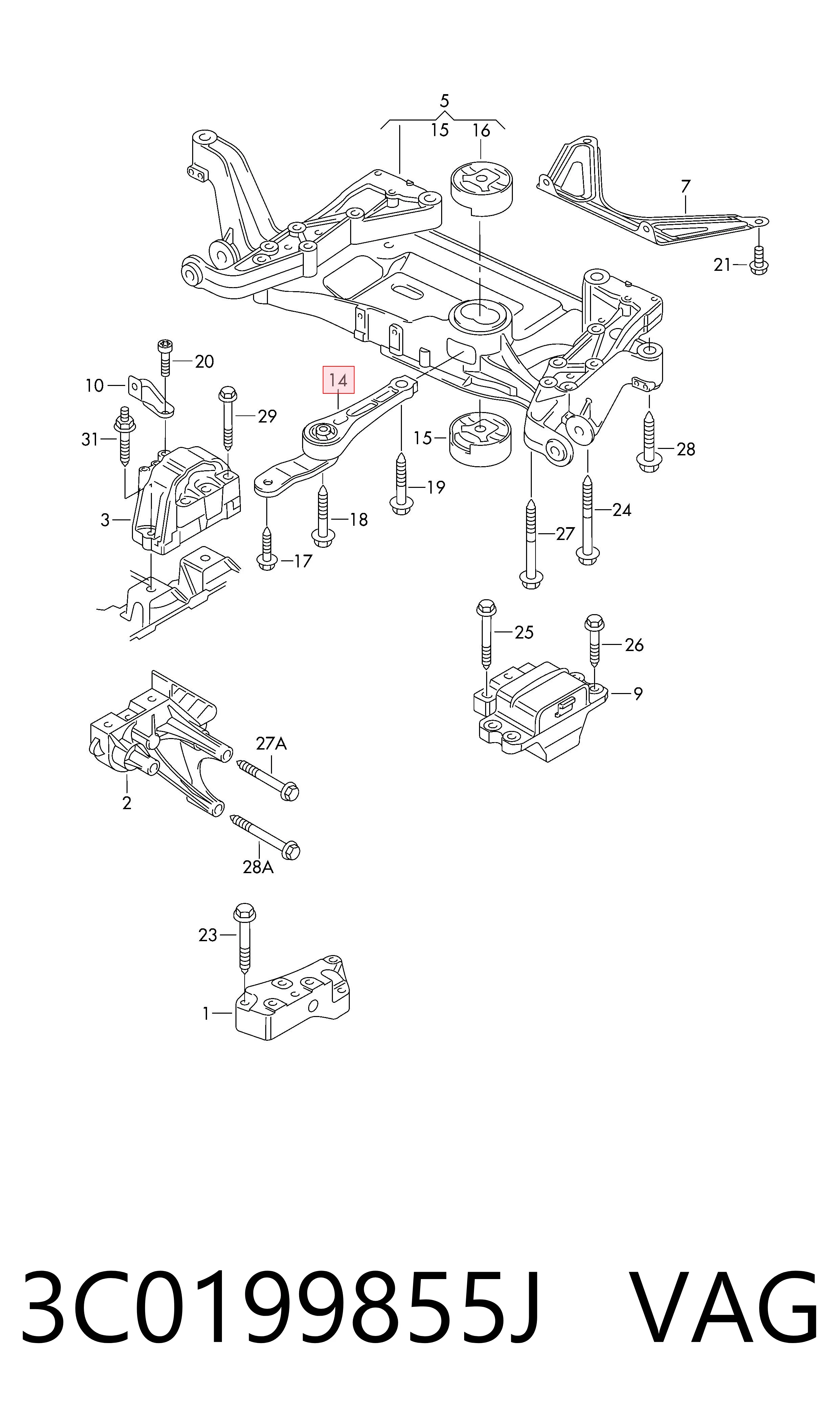 3C0199855J VAG Coxim (suporte) traseiro de motor