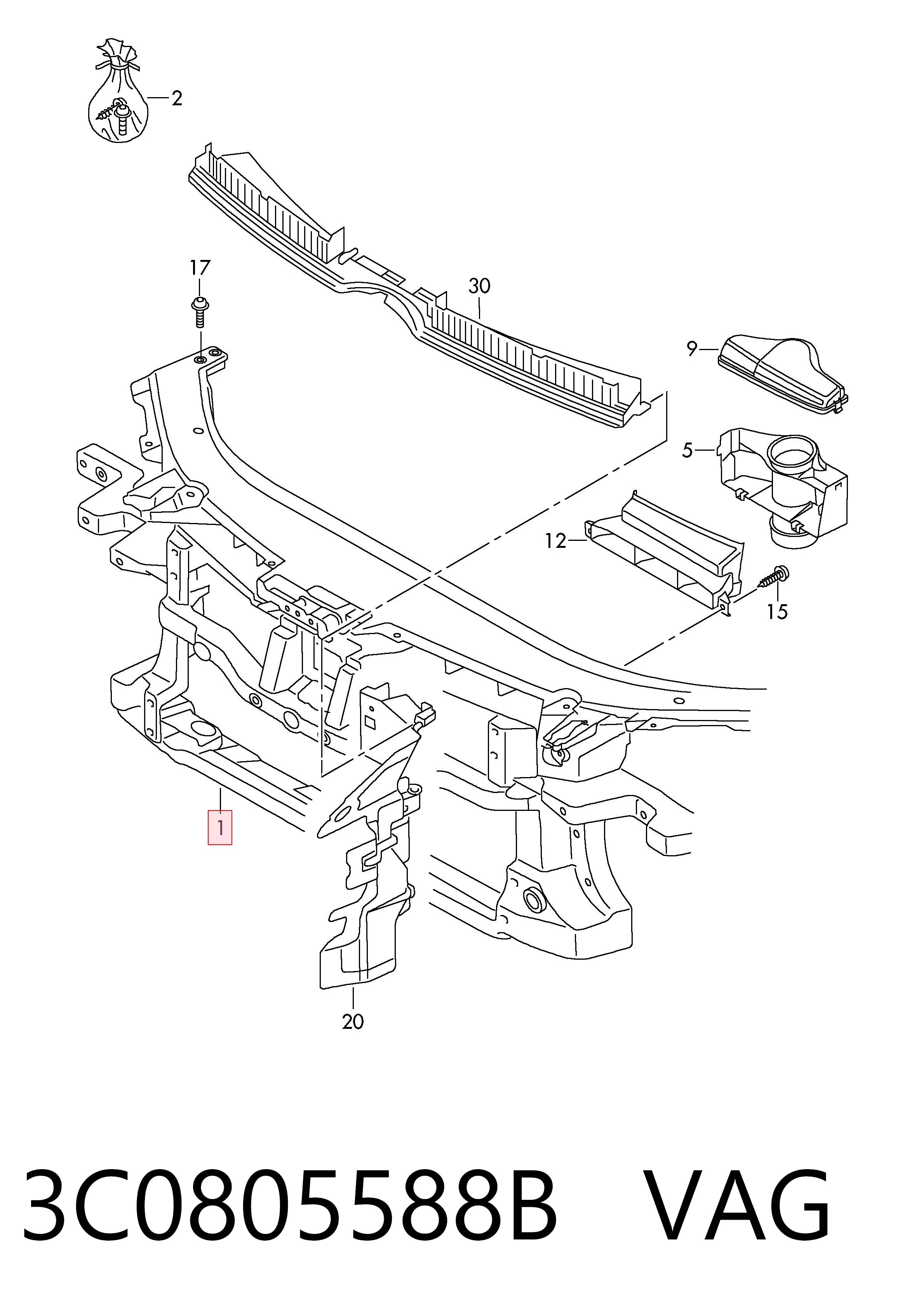 Suporte do radiador montado (painel de montagem de fixação das luzes) 3L805017 AND