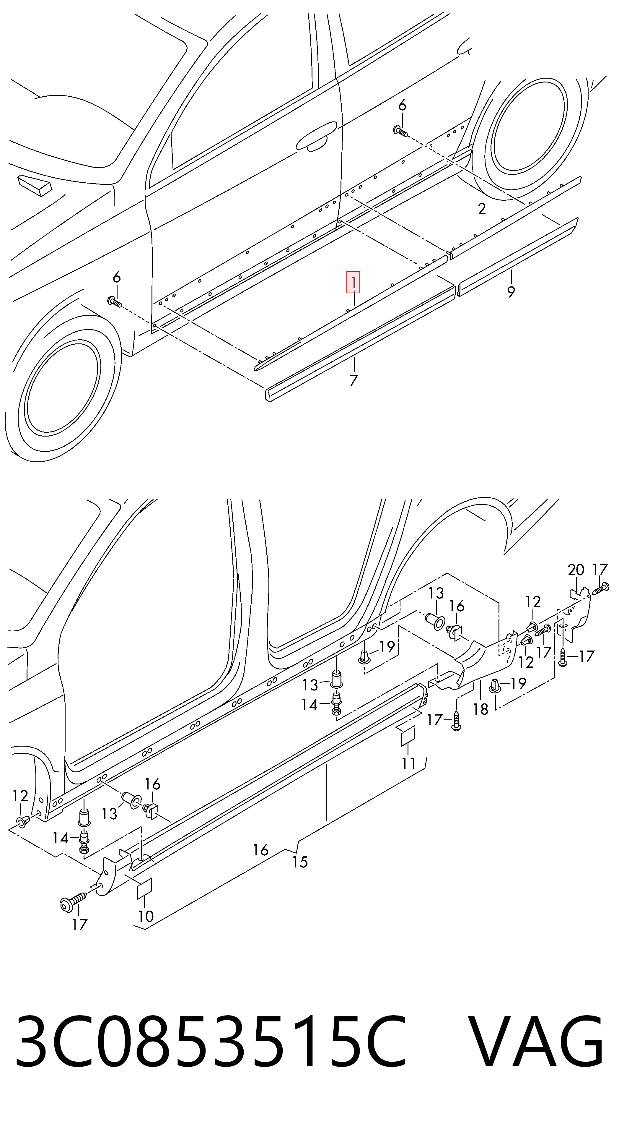 3C0853515C VAG Moldura da porta dianteira esquerda superior