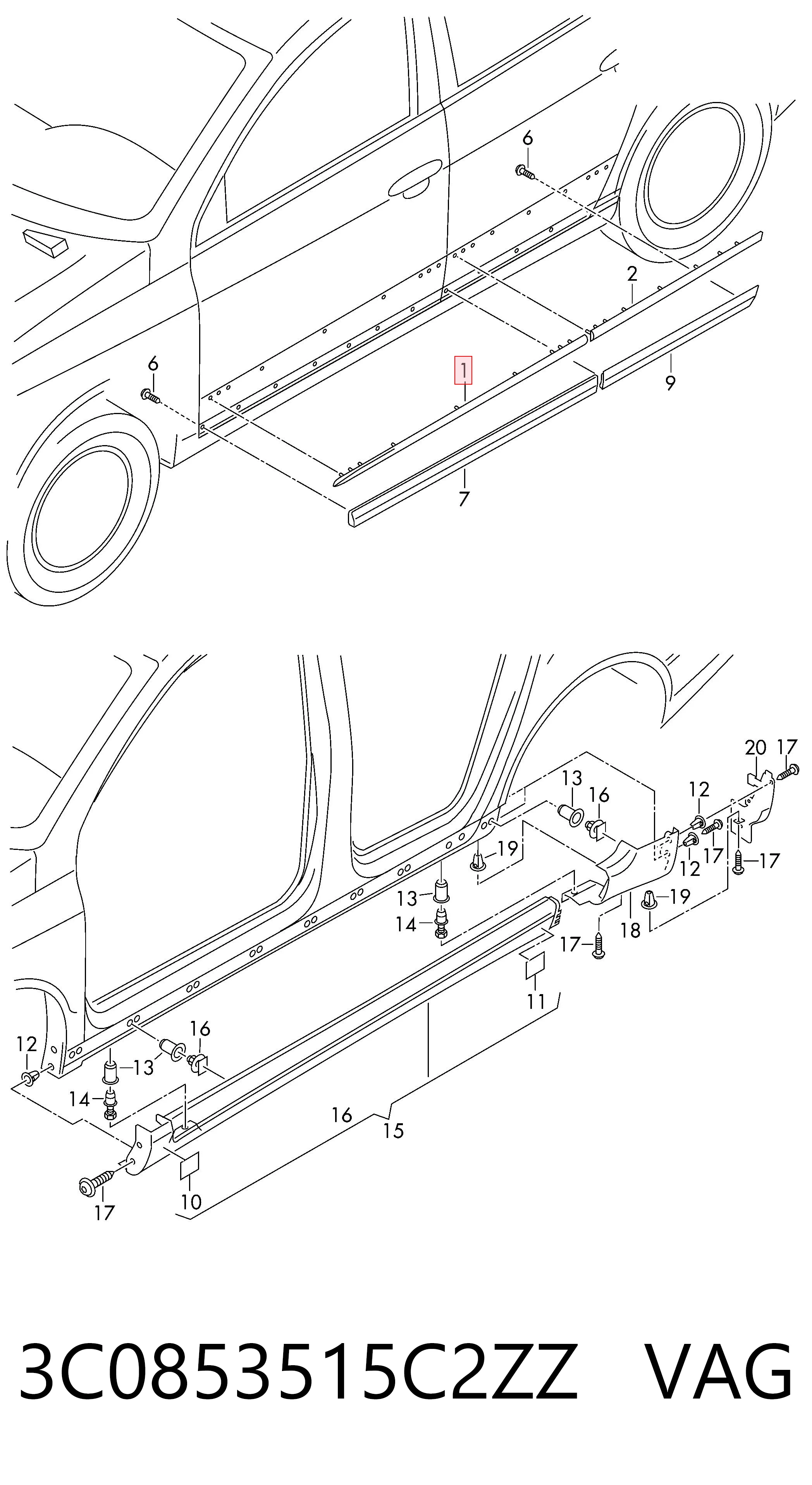3C0853515C2ZZ VAG Moldura da porta dianteira esquerda superior