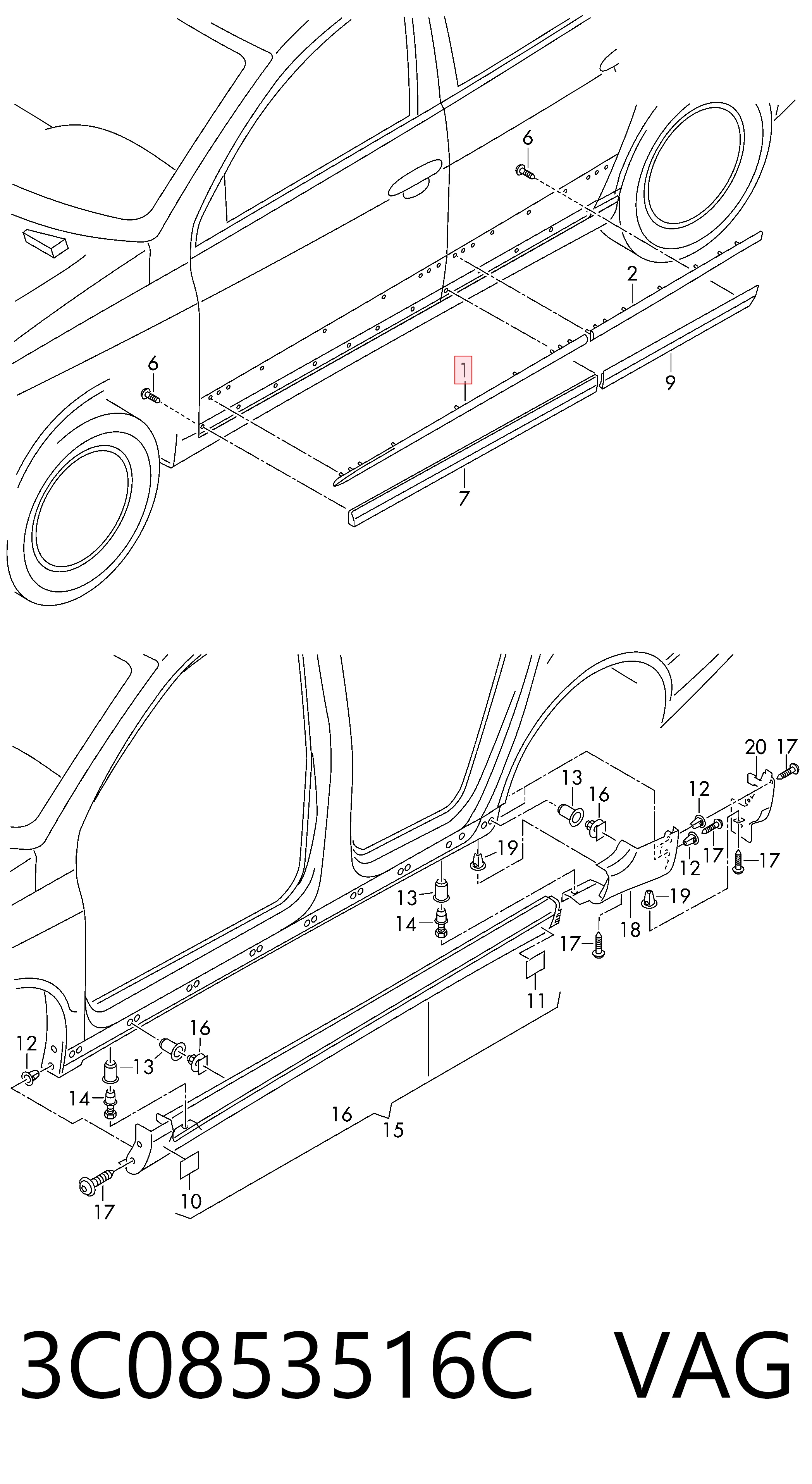 3C0853516C VAG Moldura da porta dianteira direita superior