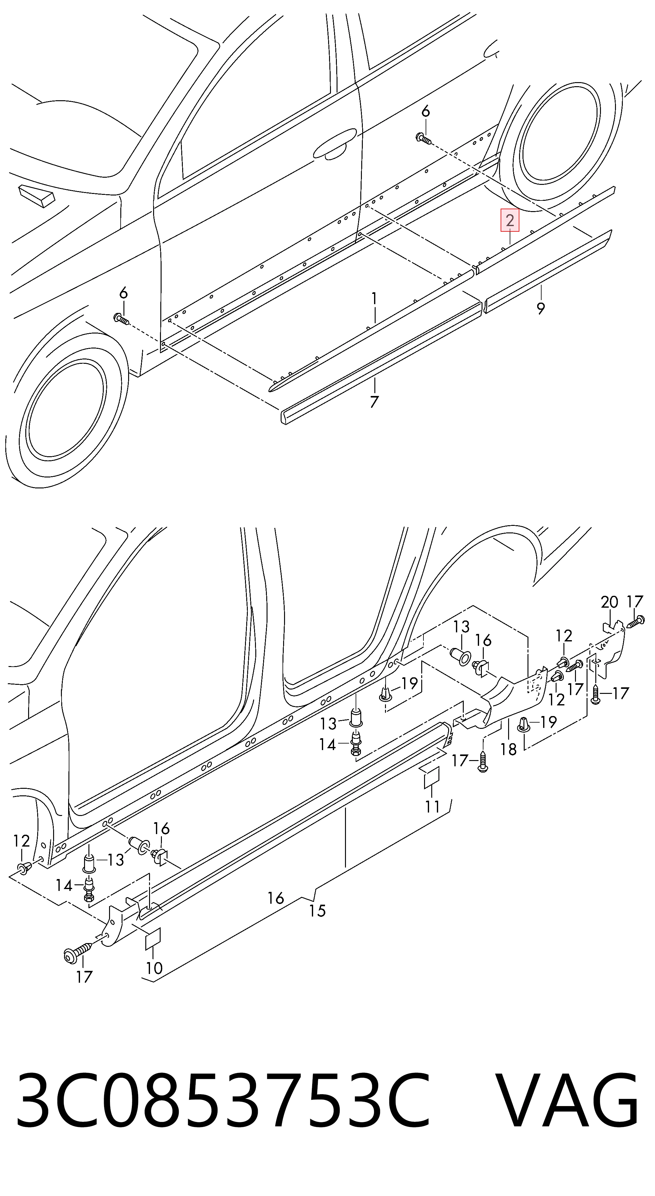 3C0853753C VAG Moldura da porta traseira esquerda superior