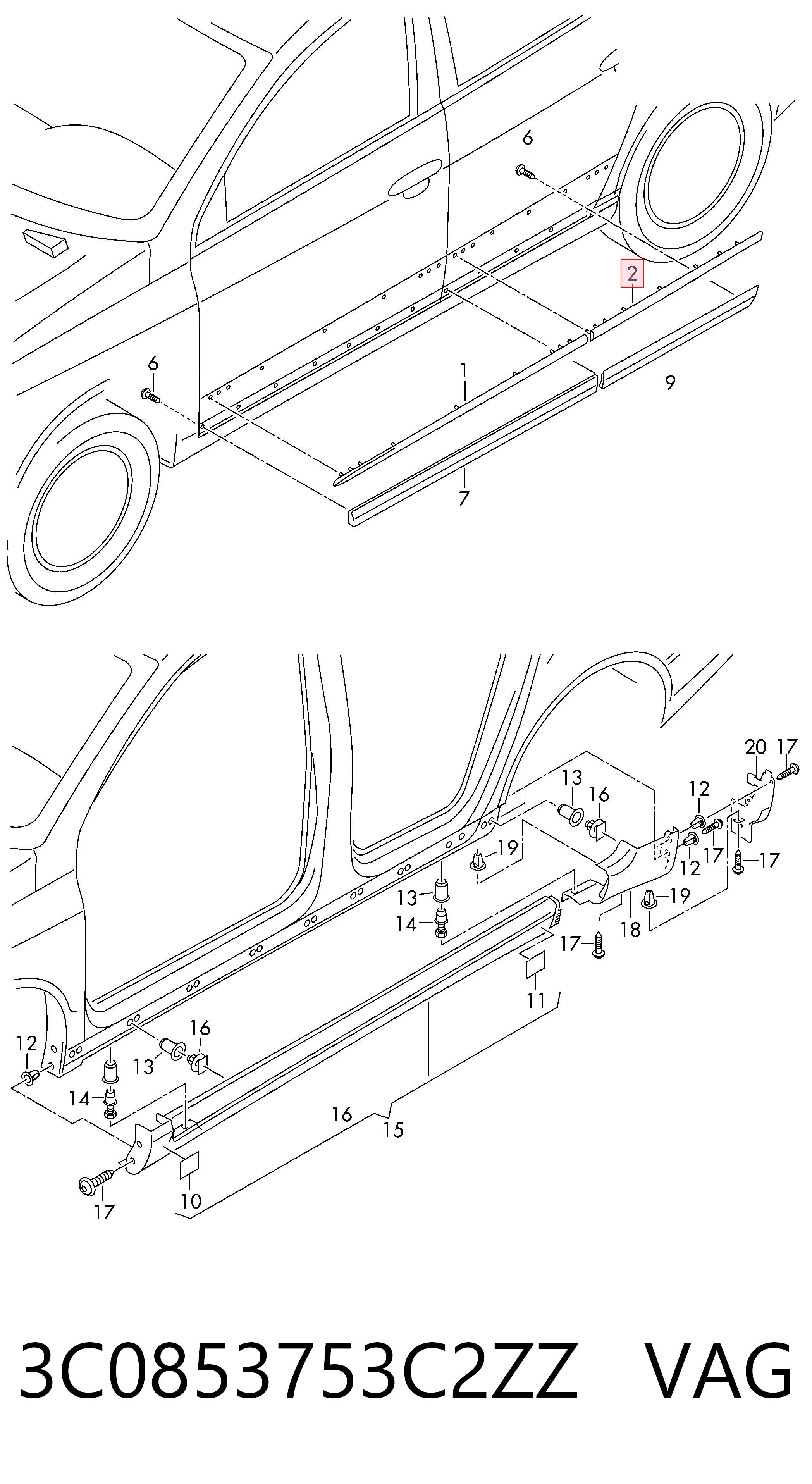 3C0853753C2ZZ VAG Moldura da porta traseira esquerda superior