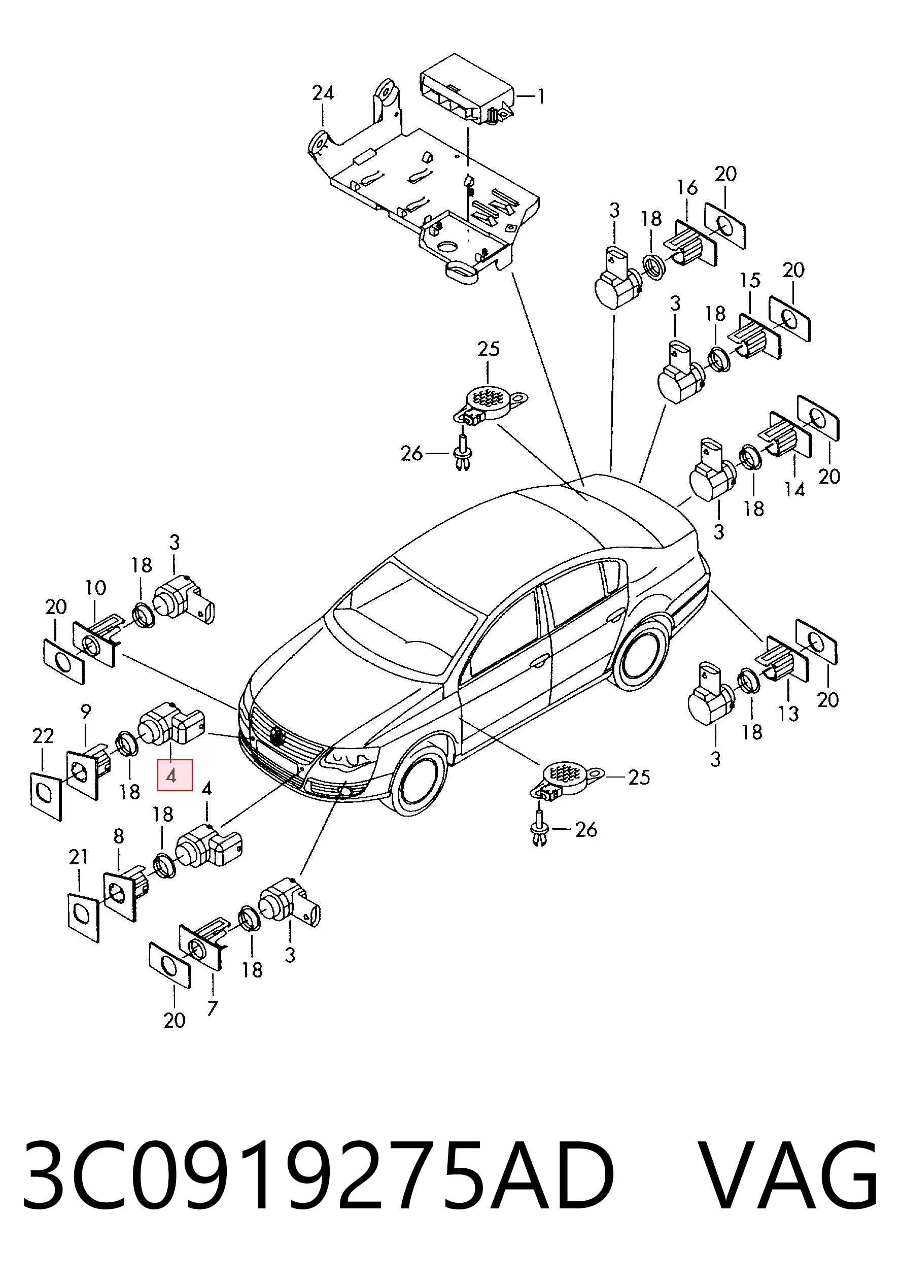 3C0919275AD VAG Sensor dianteiro de sinalização de estacionamento (sensor de estacionamento)