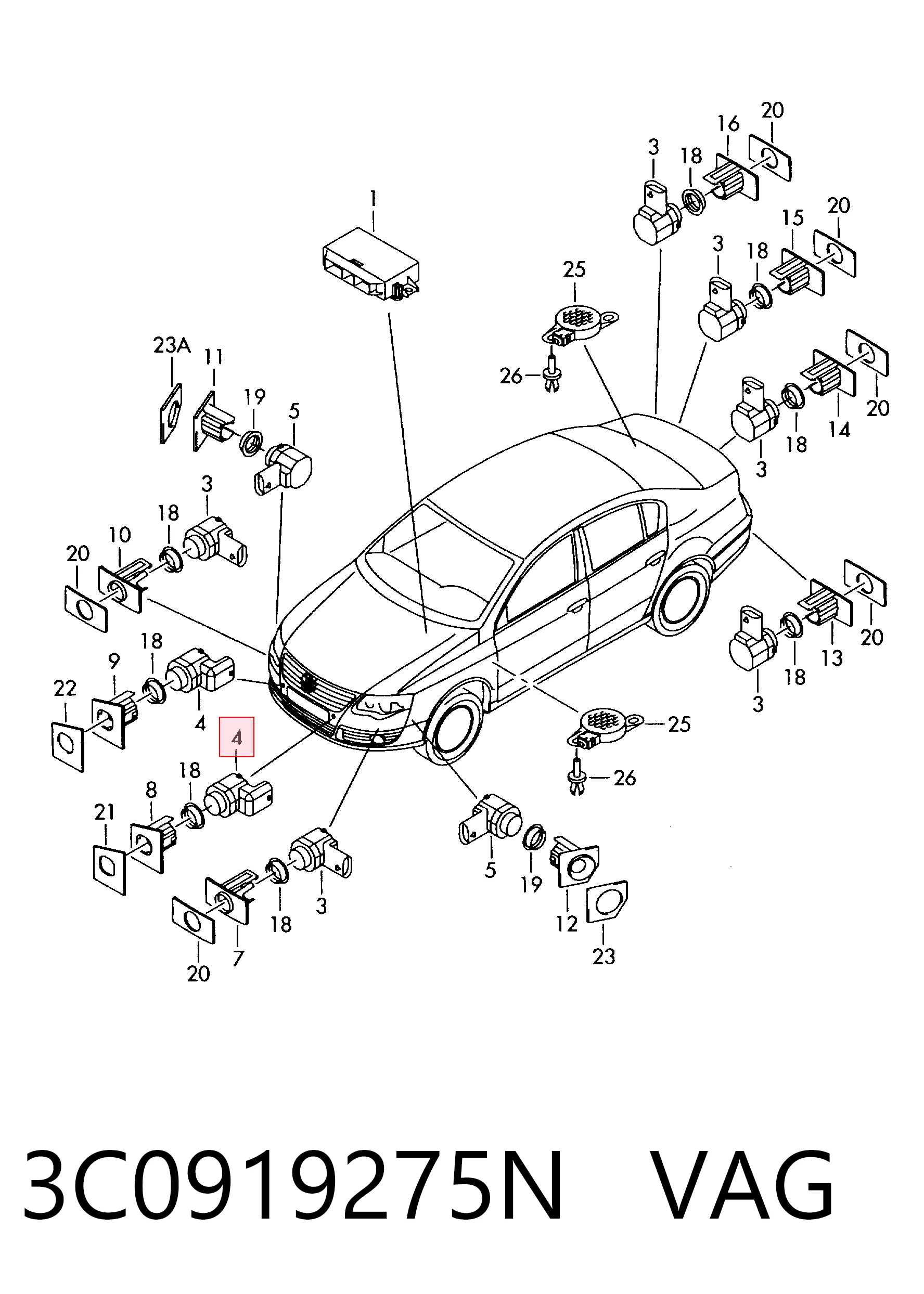3C0919275N VAG Sensor dianteiro de sinalização de estacionamento (sensor de estacionamento)