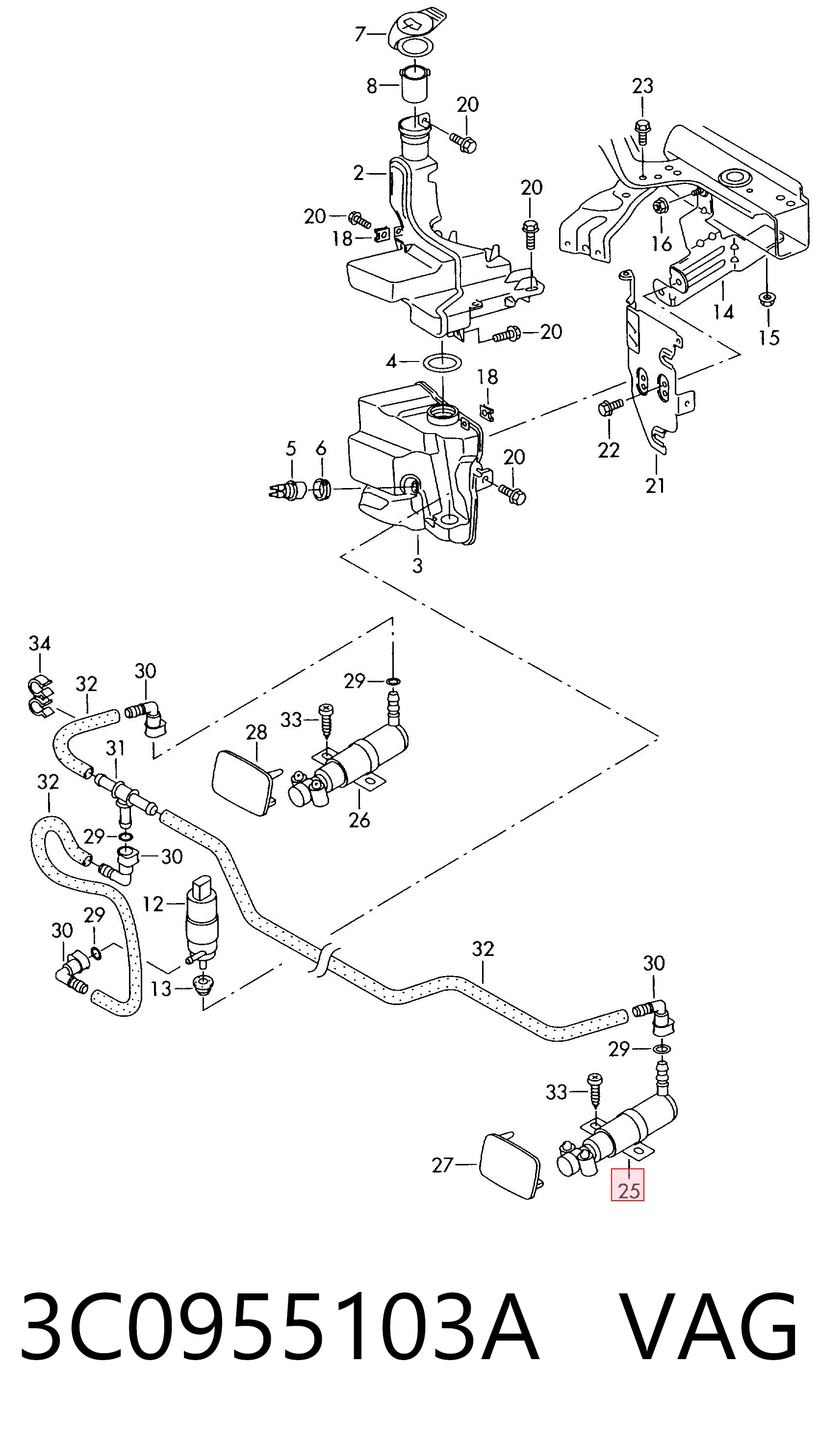 3C0955103A VAG Suporte do injetor de fluido para lavador das luzes (cilindro de elevação)