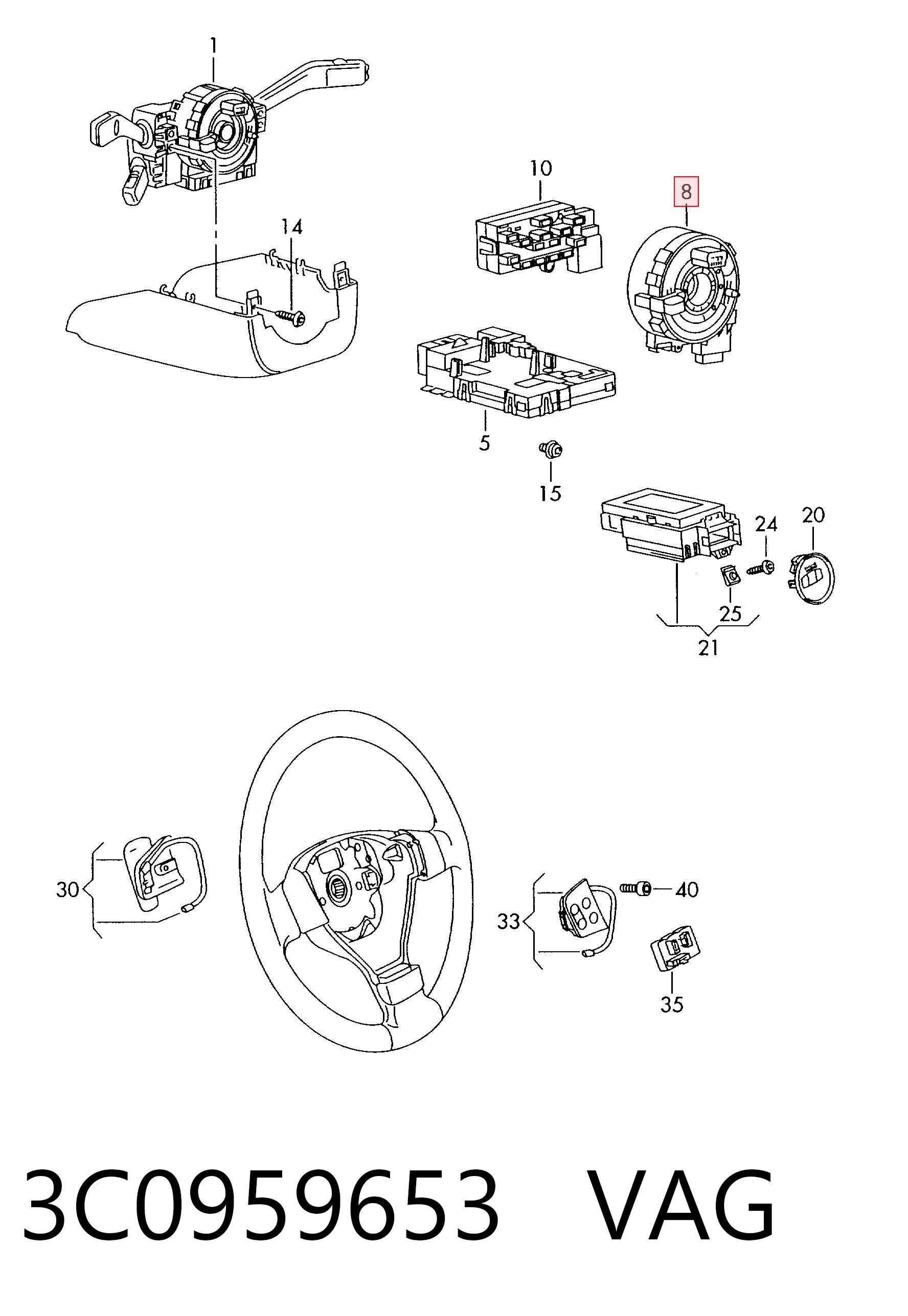 Anel AIRBAG de contato, cabo plano do volante 3C0959653 VAG