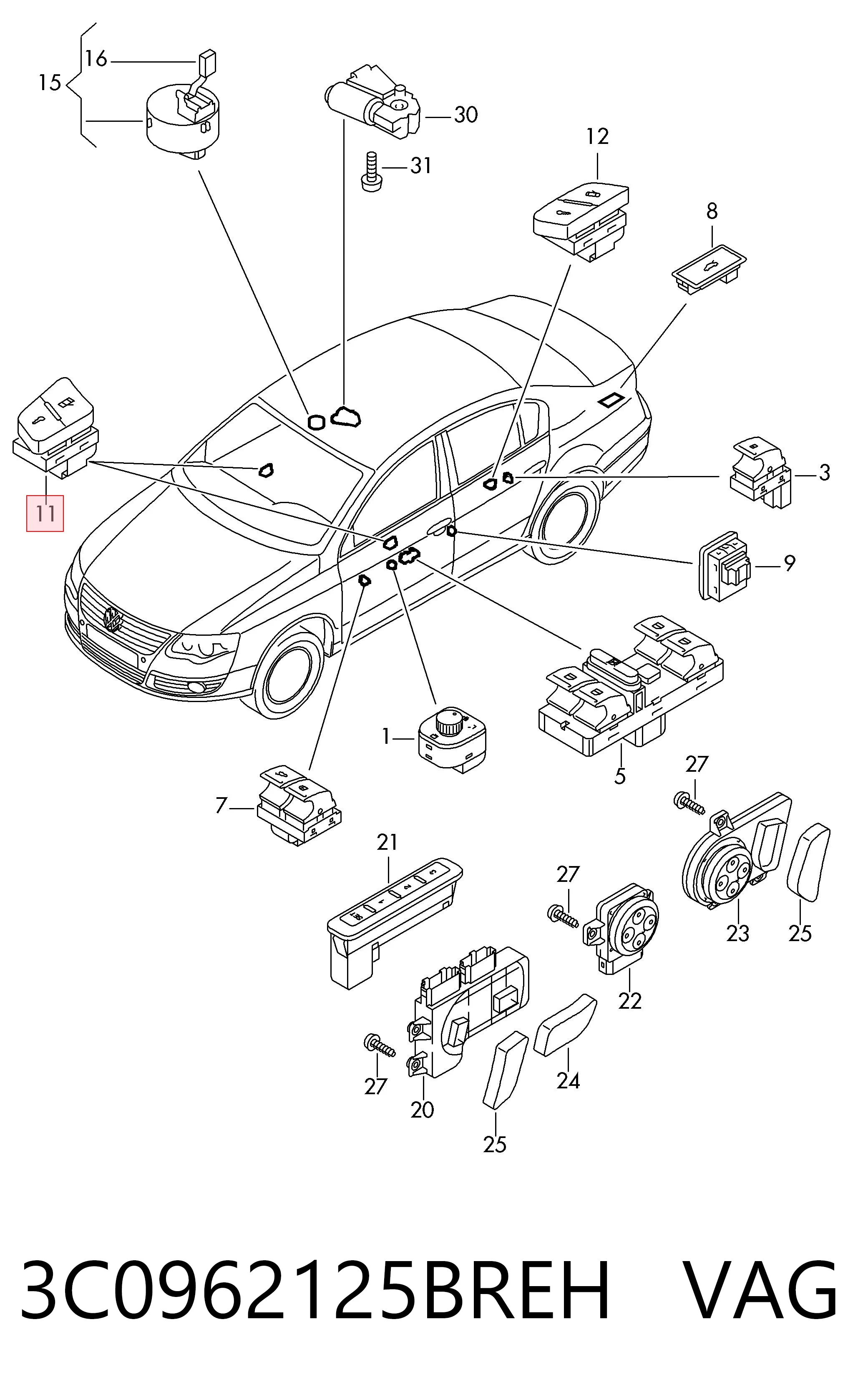 3C0962125BREH VAG Interruptor do fecho central