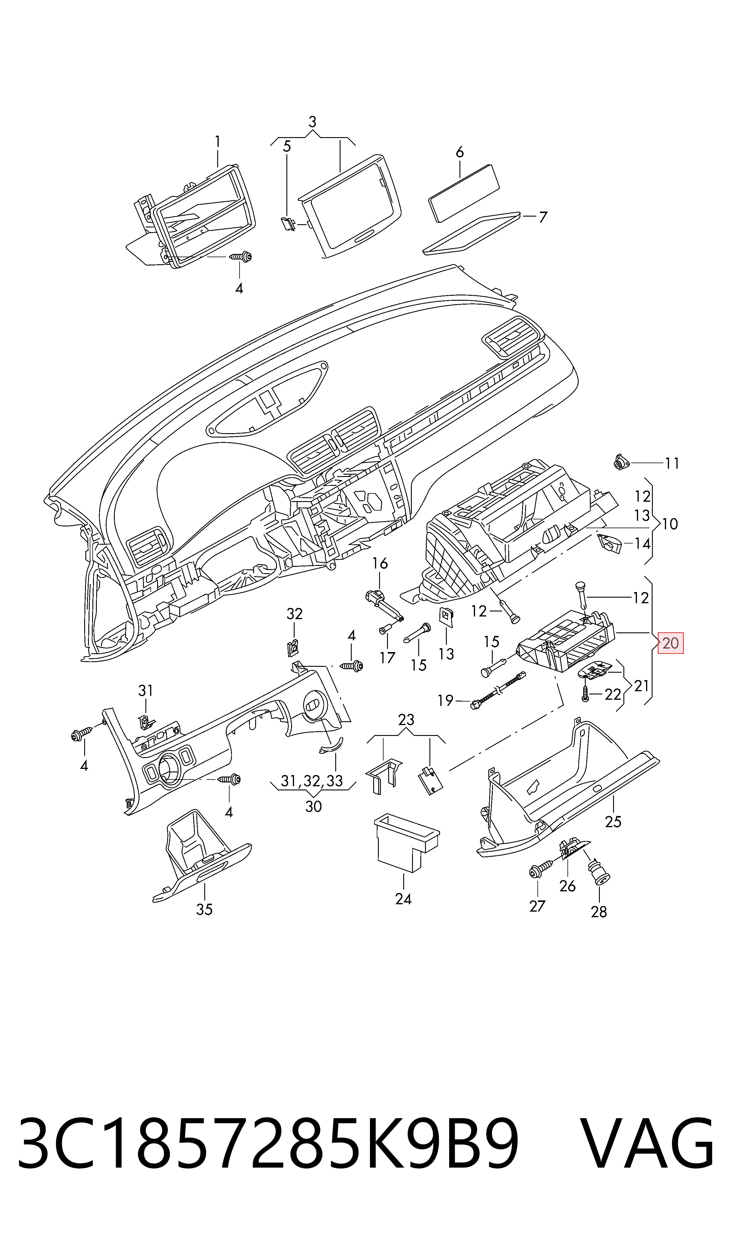 Tampa da caixa para luvas (porta-luvas) para Volkswagen Passat B7 362