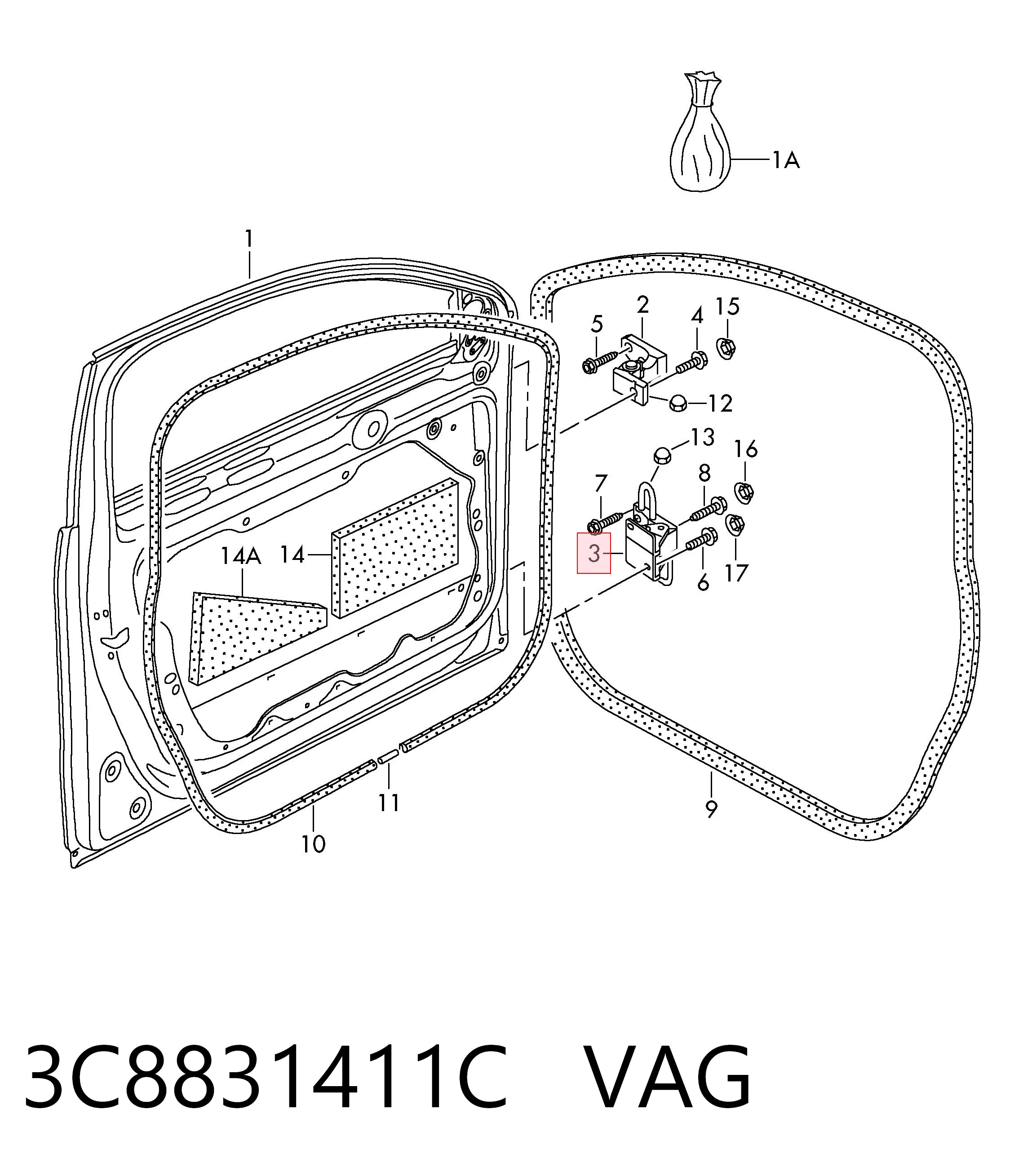 Gozno da porta dianteira esquerda VAG 3C8831411C preço, a partir de 72,78 USD