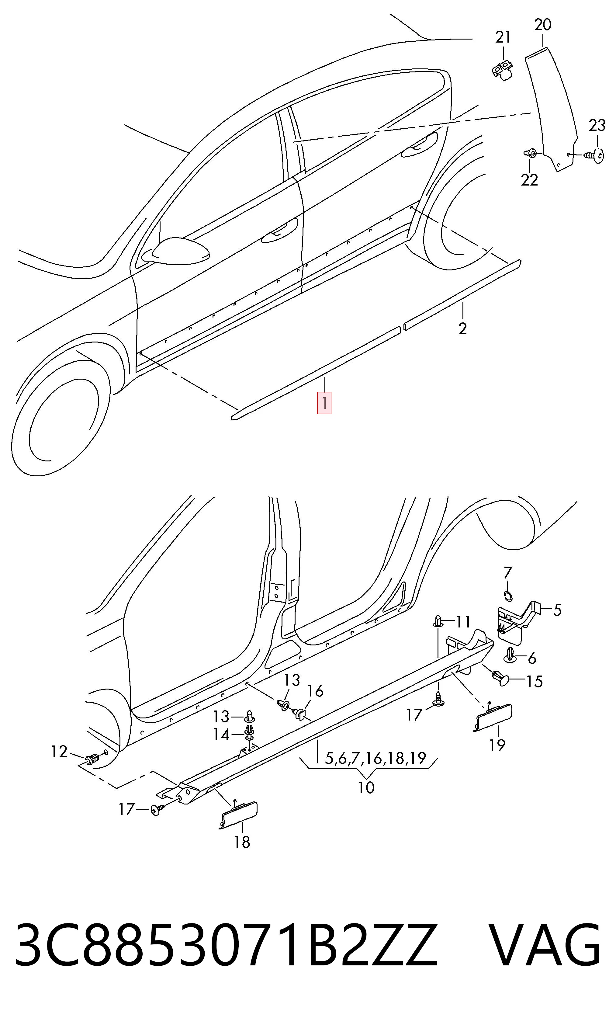3C8853071B2ZZ VAG Moldura da porta dianteira esquerda