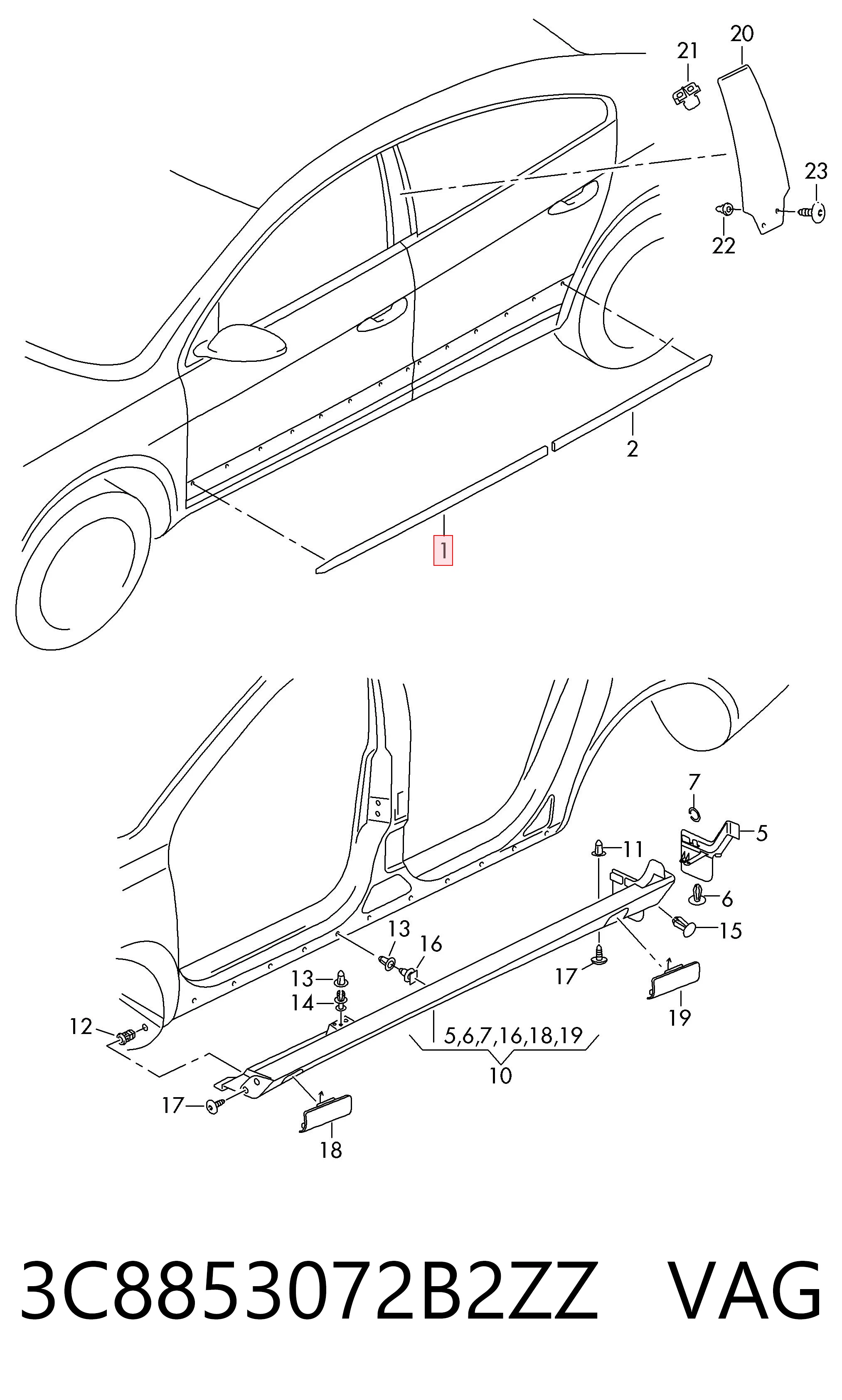 3C8853072B2ZZ VAG Moldura da porta dianteira direita