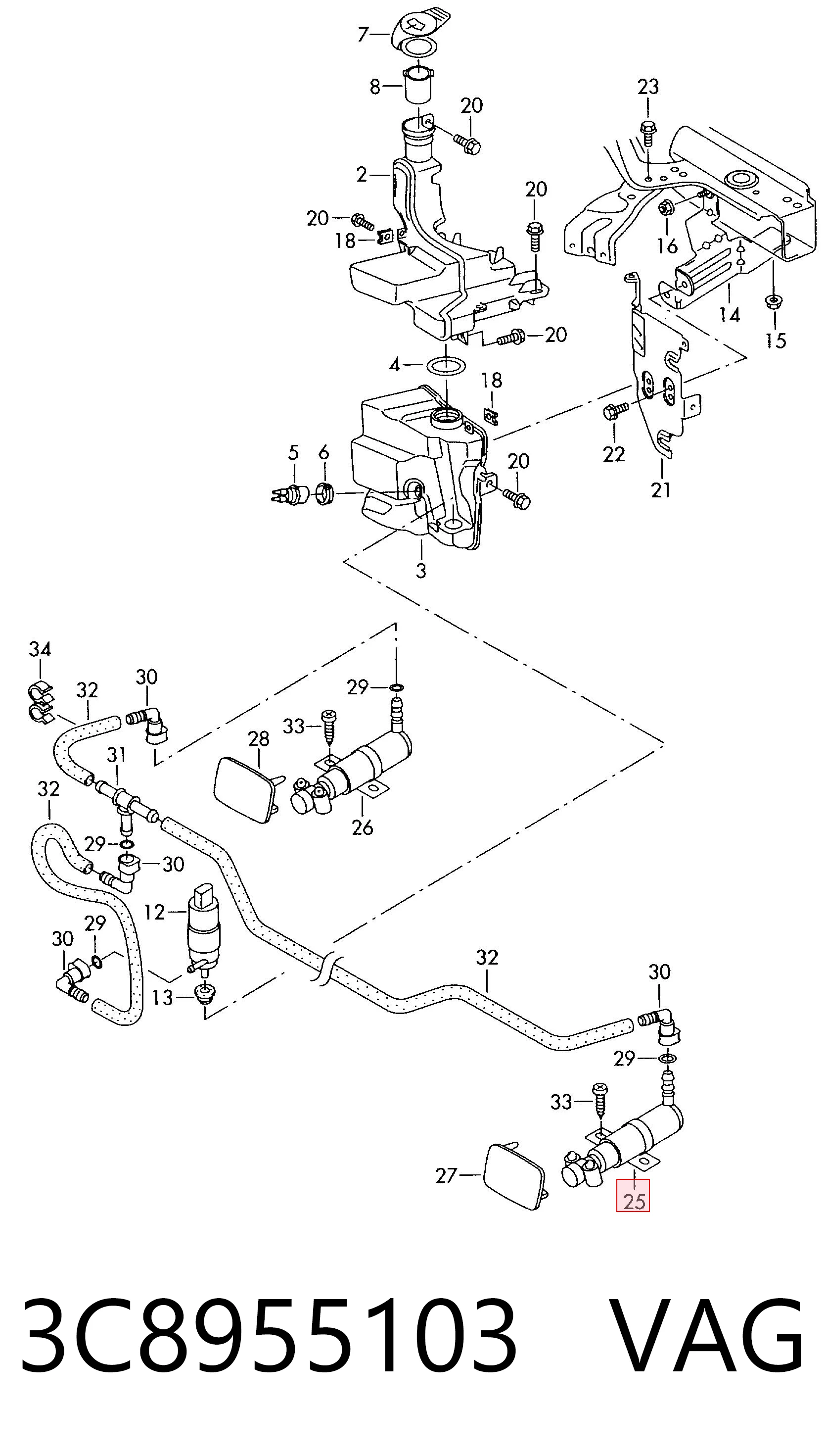 3C8955103 VAG Suporte do injetor de fluido para lavador das luzes (cilindro de elevação)