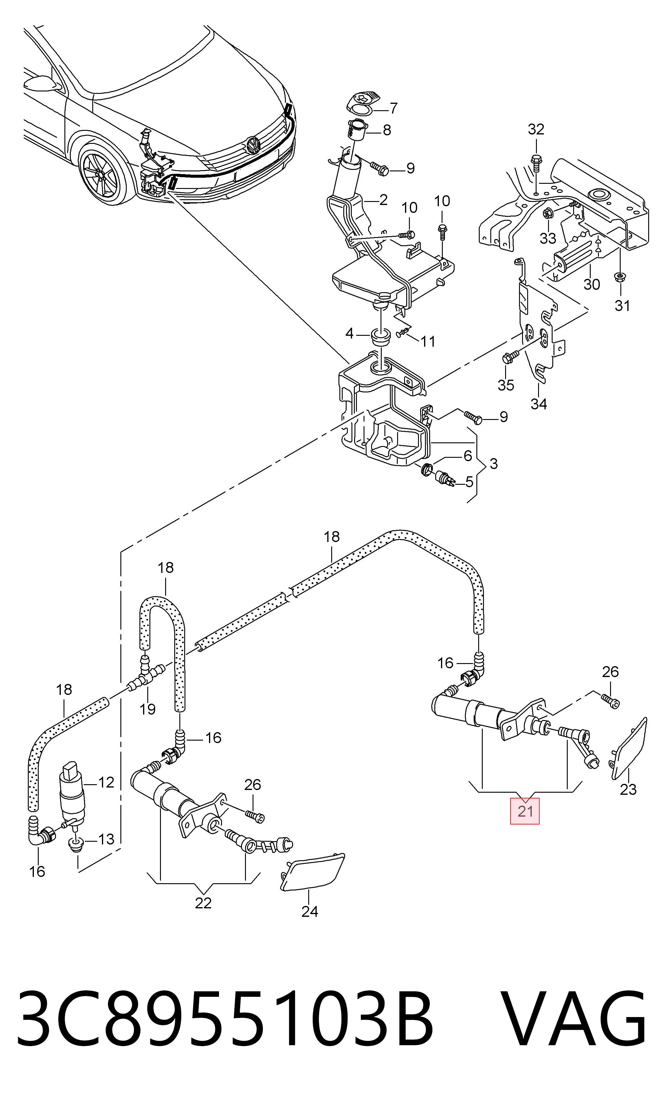 3C8955103B VAG Suporte do injetor de fluido para lavador das luzes (cilindro de elevação)