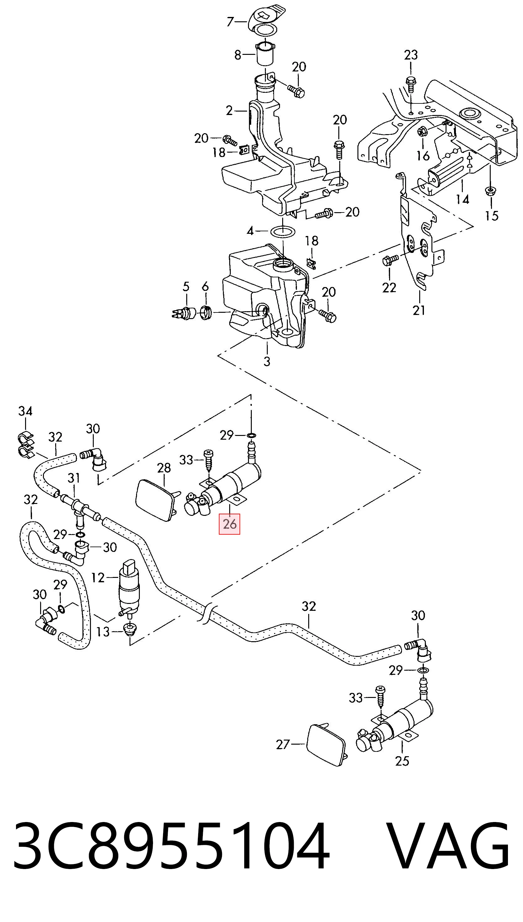 3C8955104 VAG Suporte do injetor de fluido para lavador das luzes (cilindro de elevação)