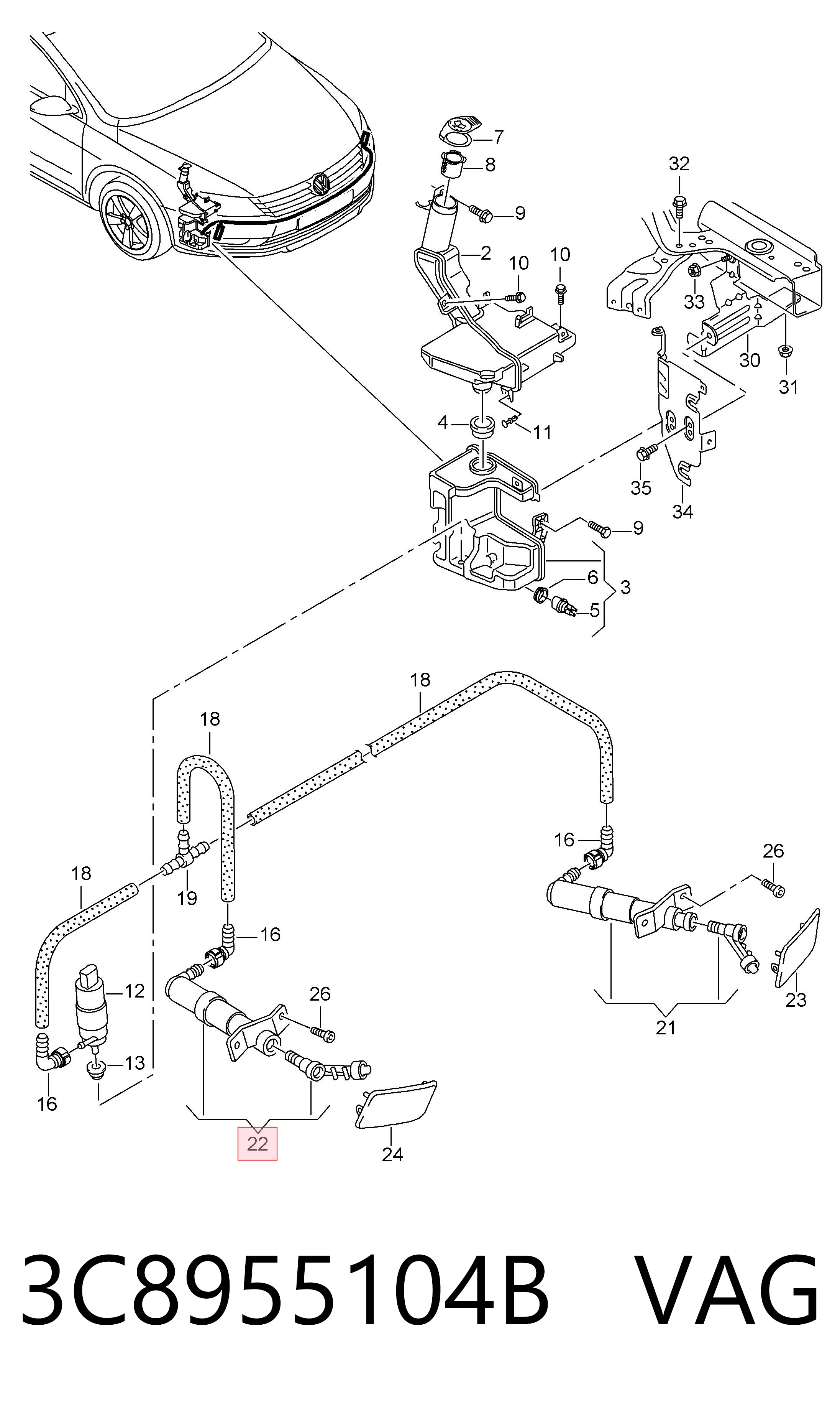 3C8955104B VAG Suporte do injetor de fluido para lavador das luzes (cilindro de elevação)