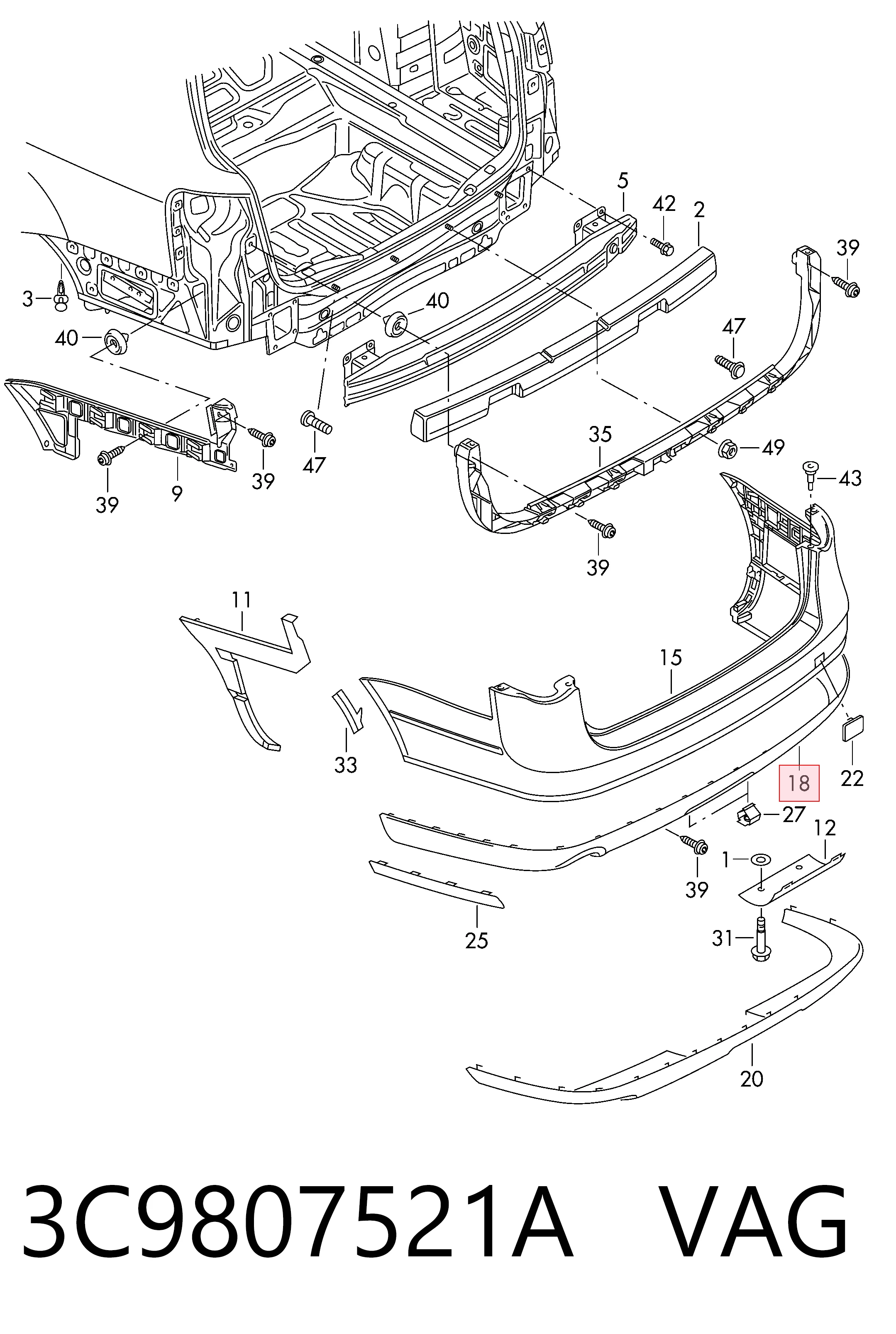 3C9807521A VAG Spoiler do pára-choque traseiro