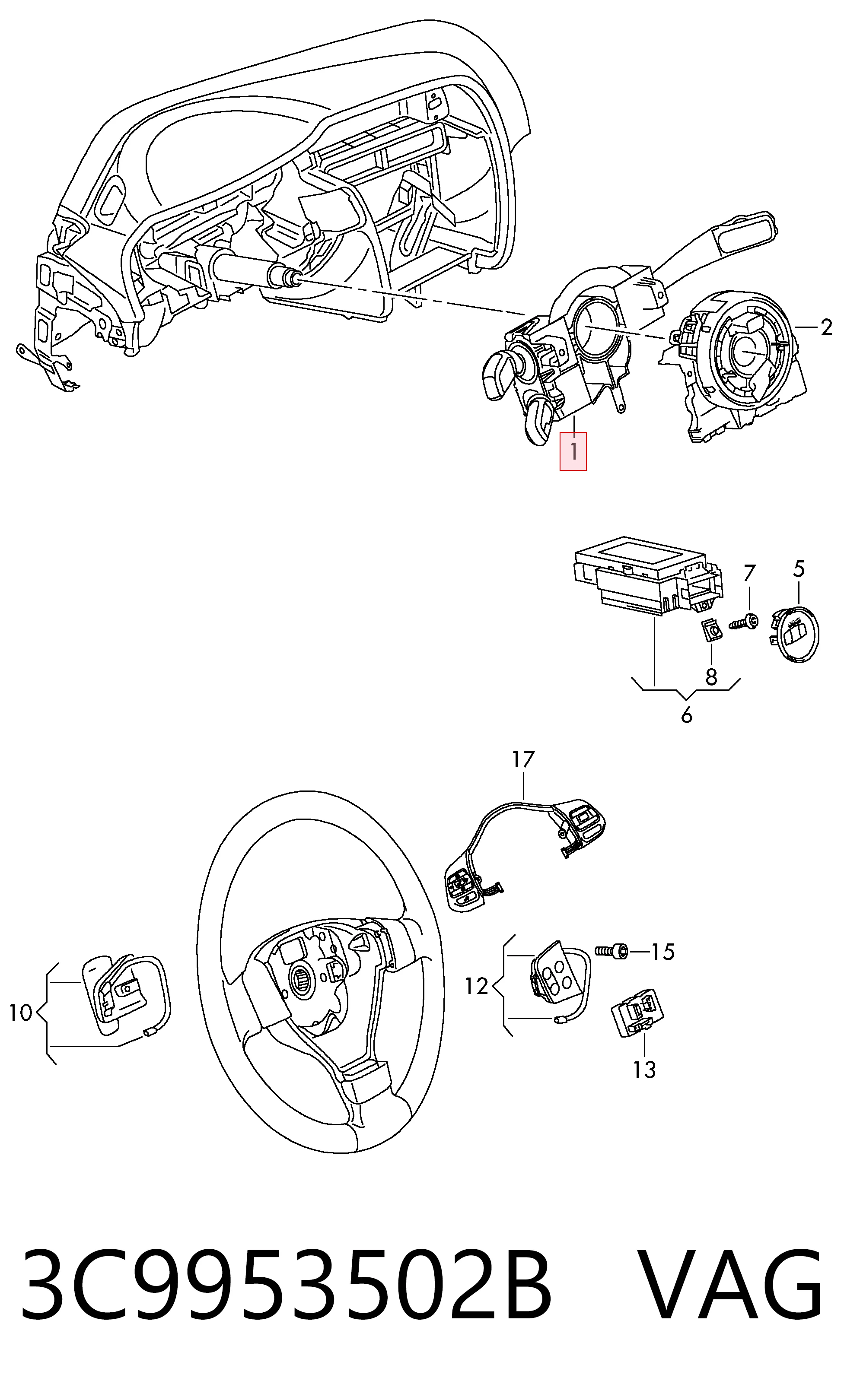  Comutador instalado na coluna da direção, montado Volkswagen Passat CC B7 sedan (358) (2011 - 2017) CC B7
