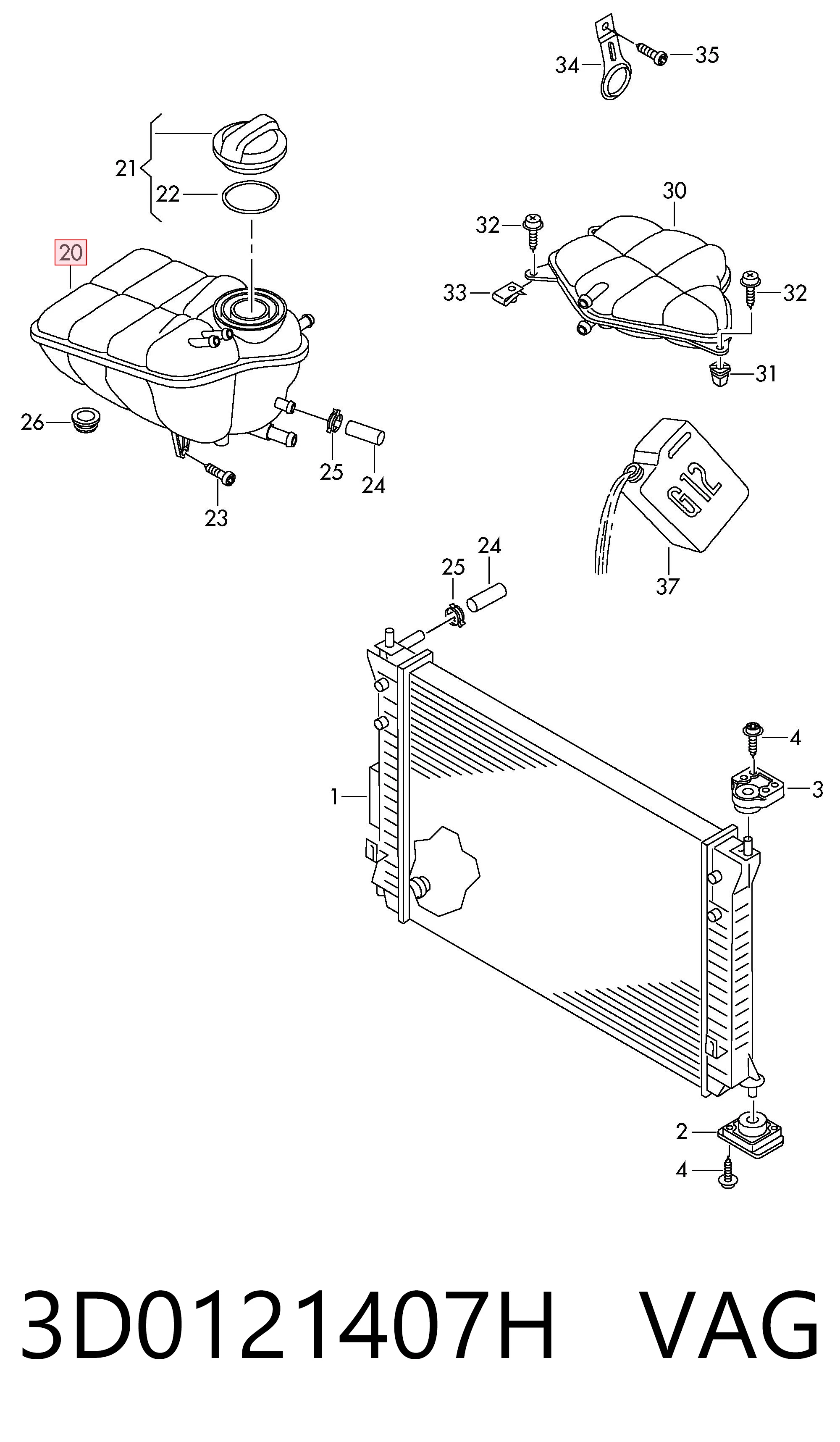 3D0121407H VAG Tanque de expansão do sistema de esfriamento