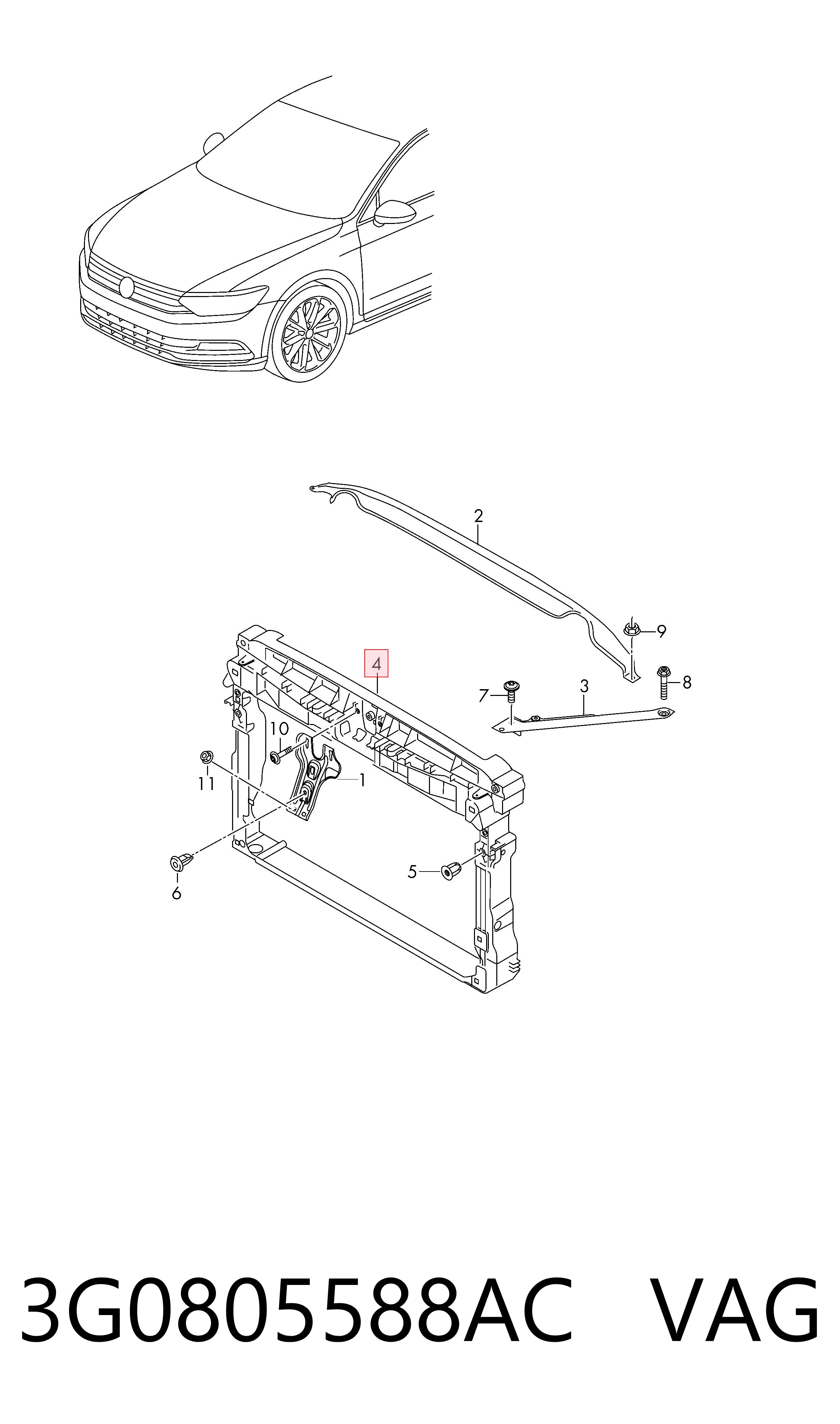 3G0805588AC VAG Suporte do radiador montado (painel de montagem de fixação das luzes)