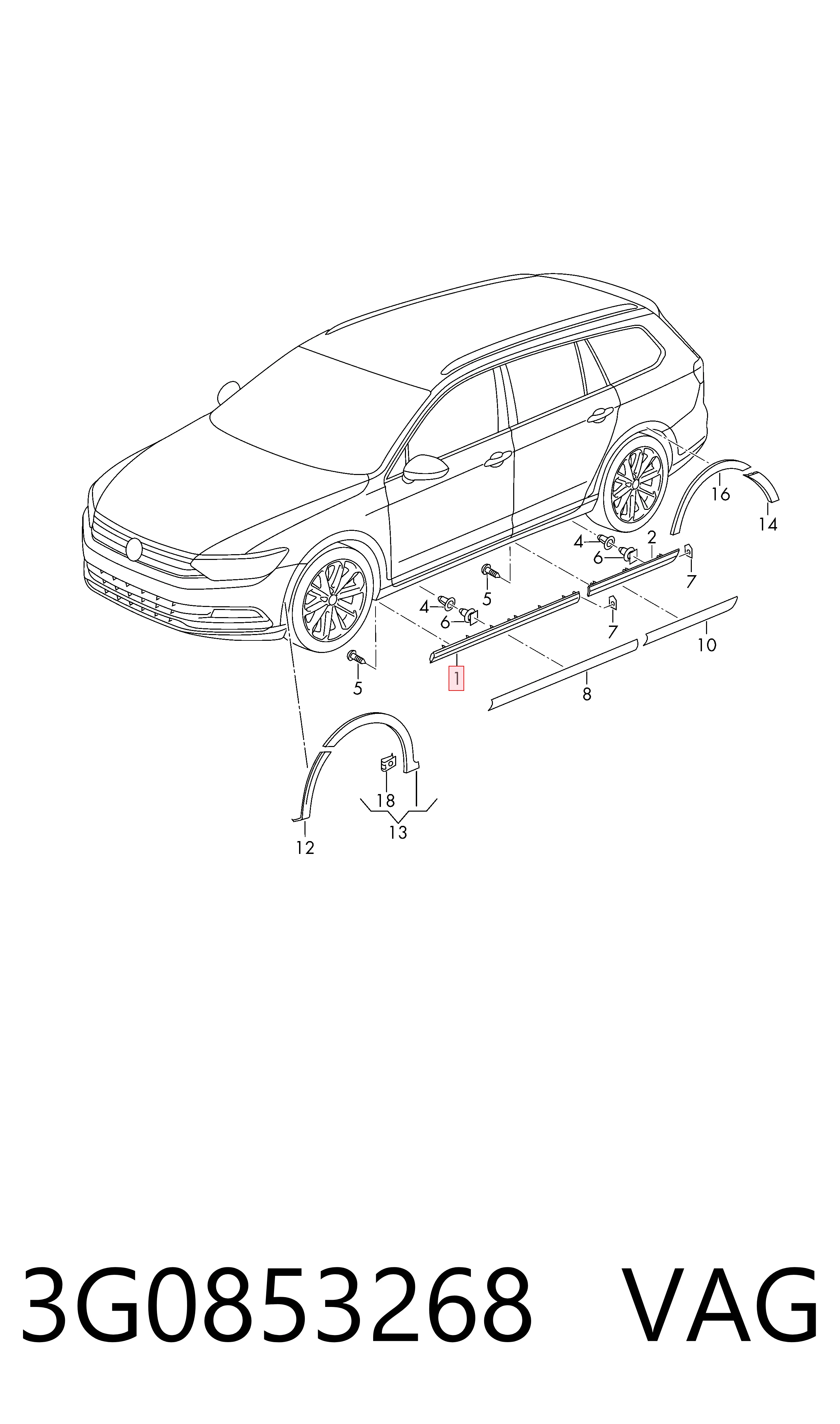 3G0853268 VAG Moldura da porta dianteira direita inferior