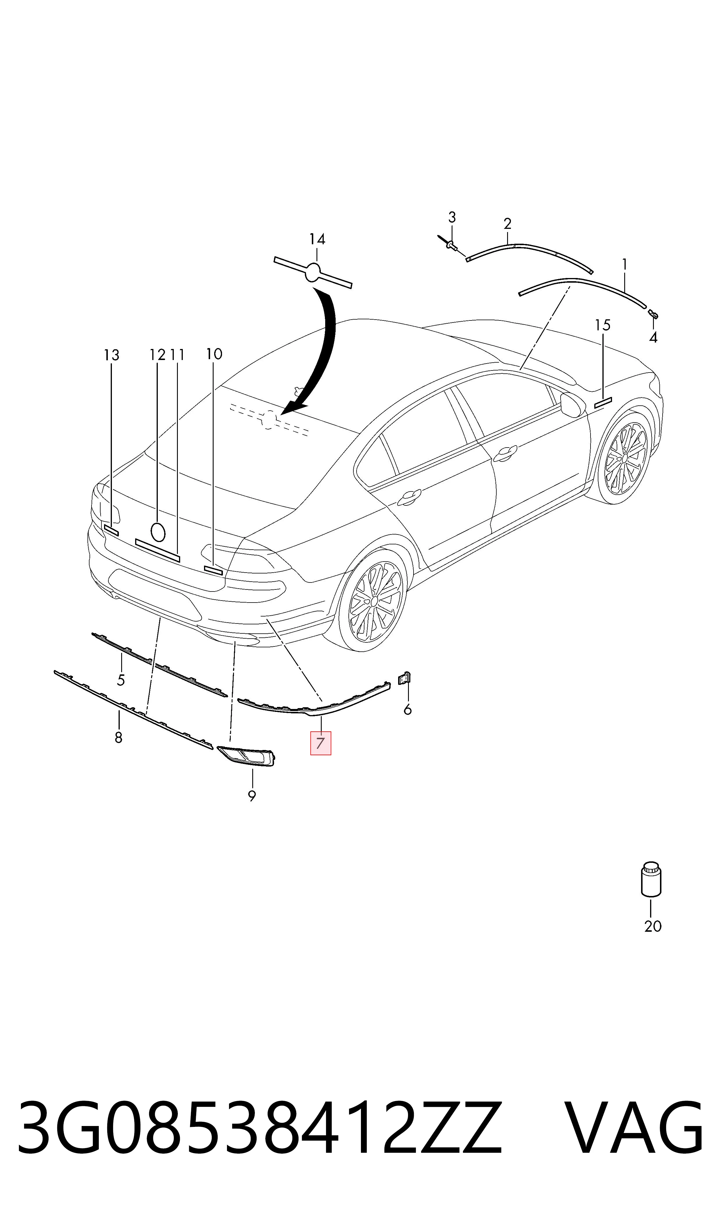 3G08538412ZZ VAG Moldura esquerda do pára-choque traseiro