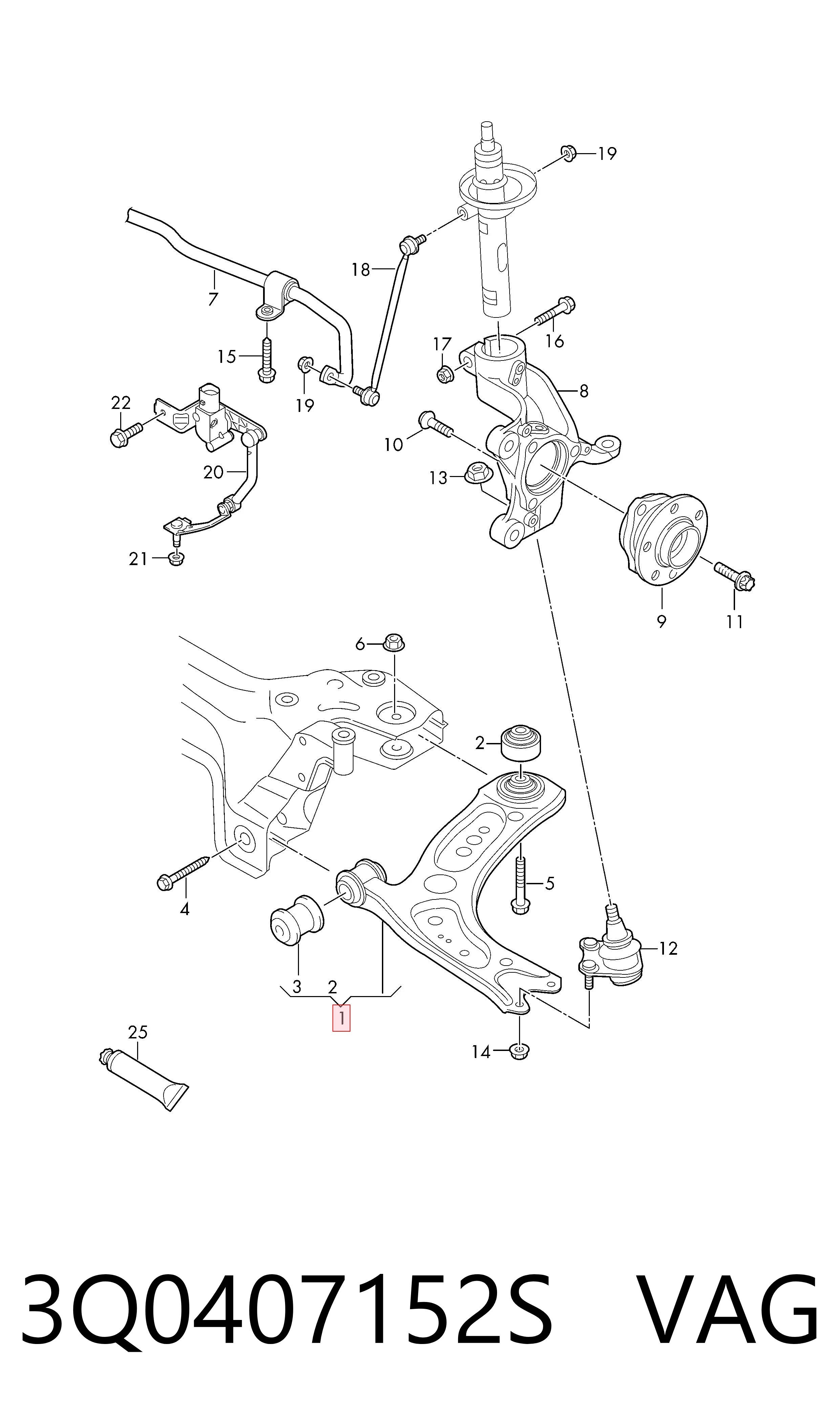 3Q0407152S VAG Braço oscilante inferior direito de suspensão dianteira