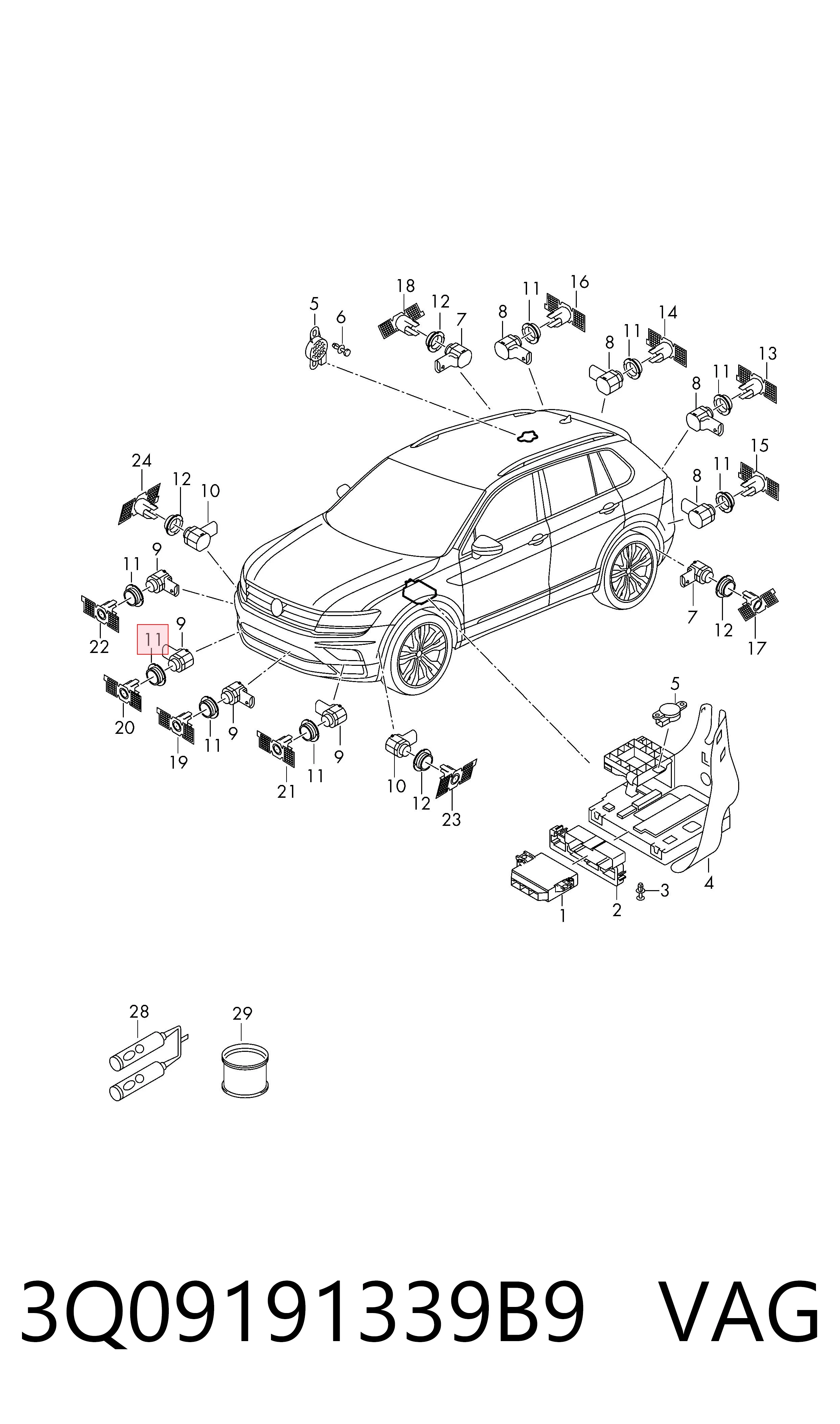 Consola dianteira lateral de sensor de estacionamento 3Q09191339B9 VAG