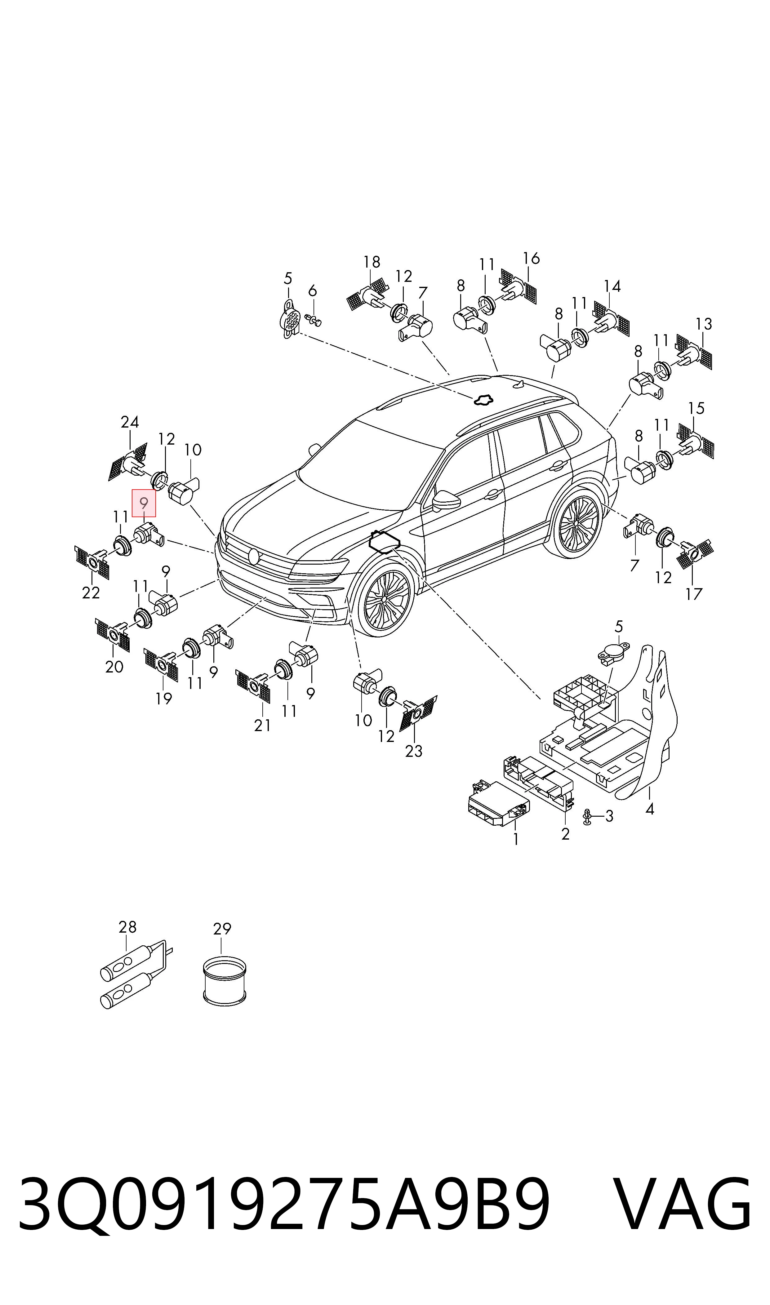 Sensor dianteiro de sinalização de estacionamento (sensor de estacionamento) 3Q0919275A9B9 VAG