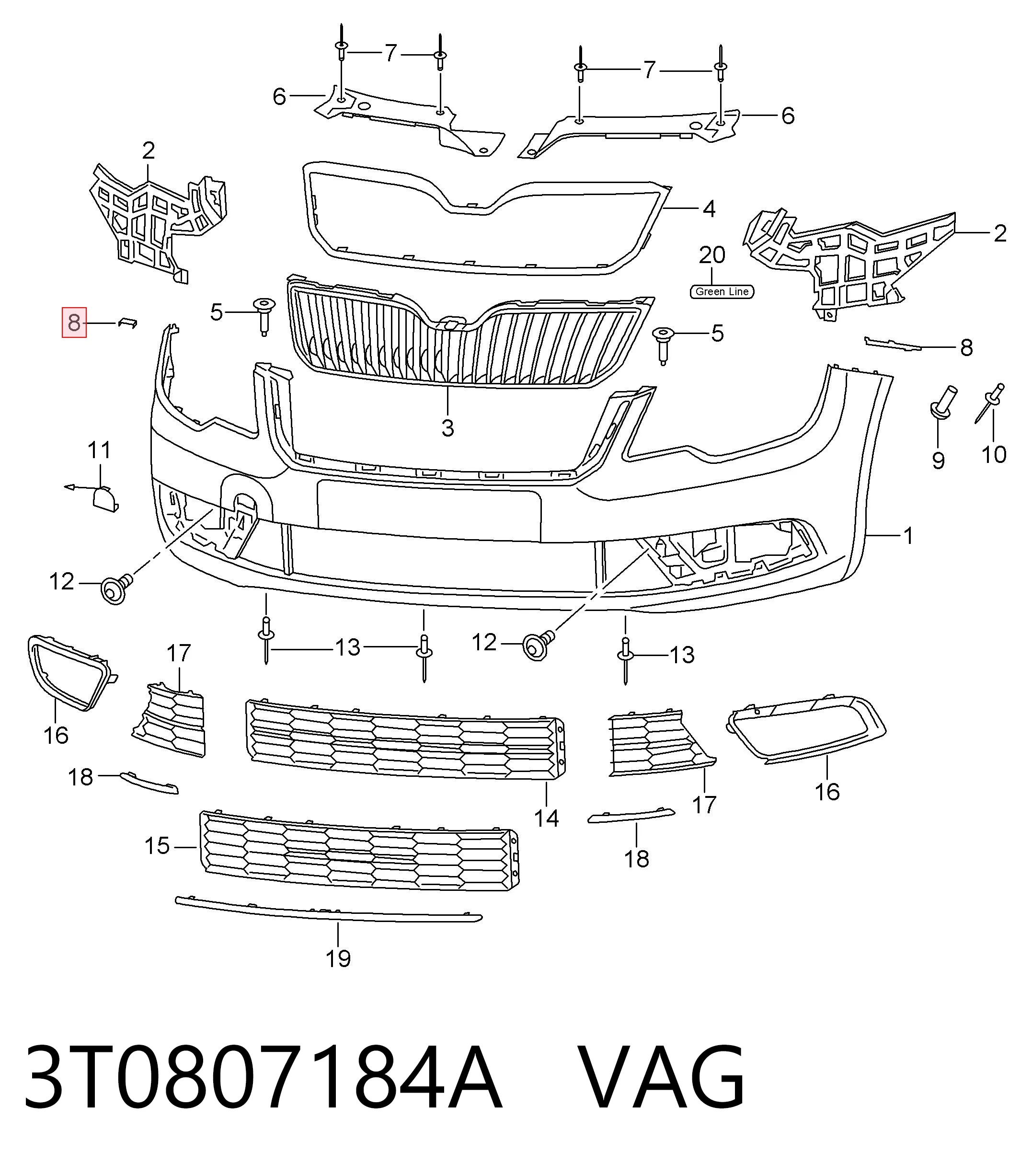 3T0807184A VAG Guia do pára-choque dianteiro direito