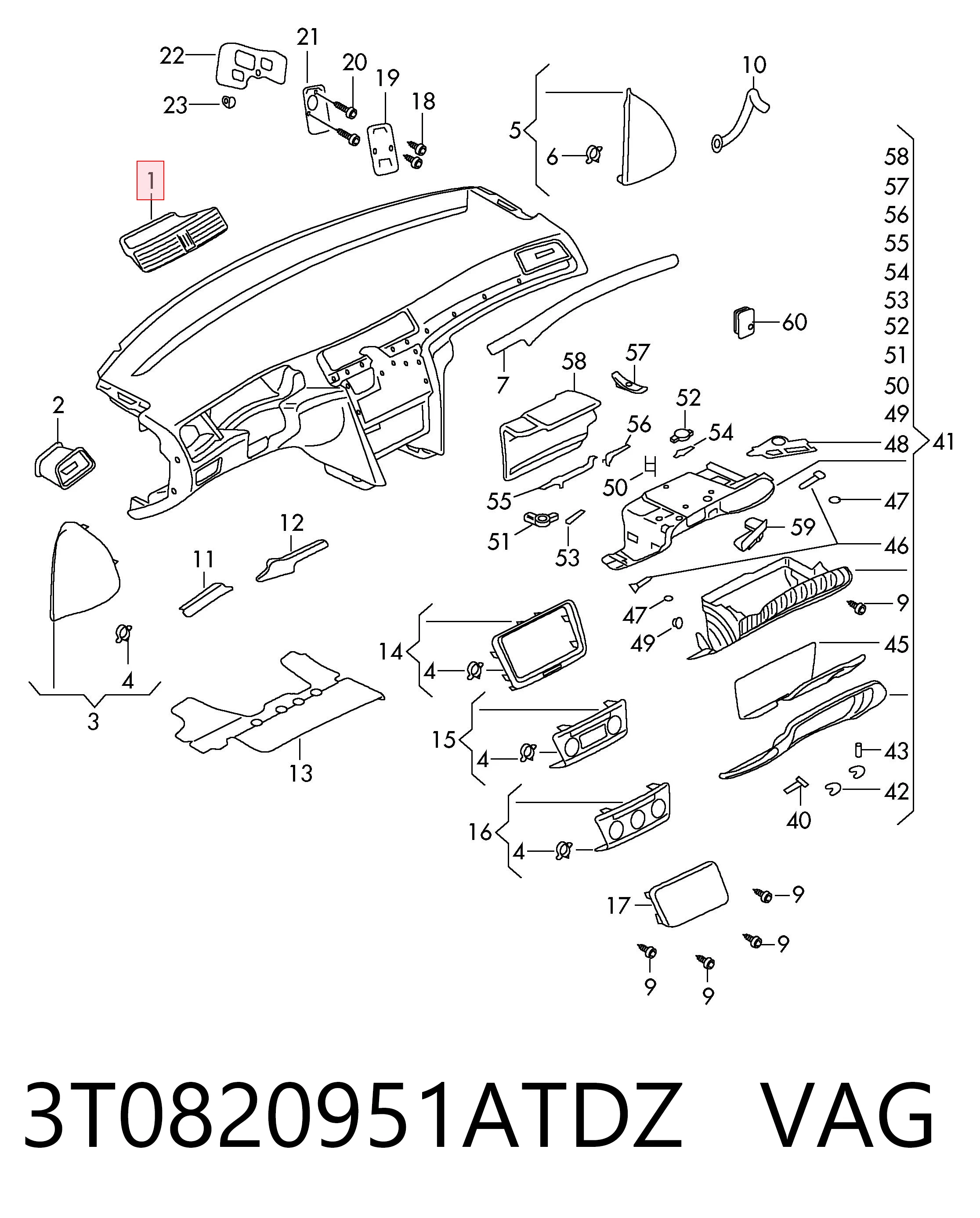 3T0820951ATDZ VAG Grelha de ventilação de salão no "painel de instrumentos"