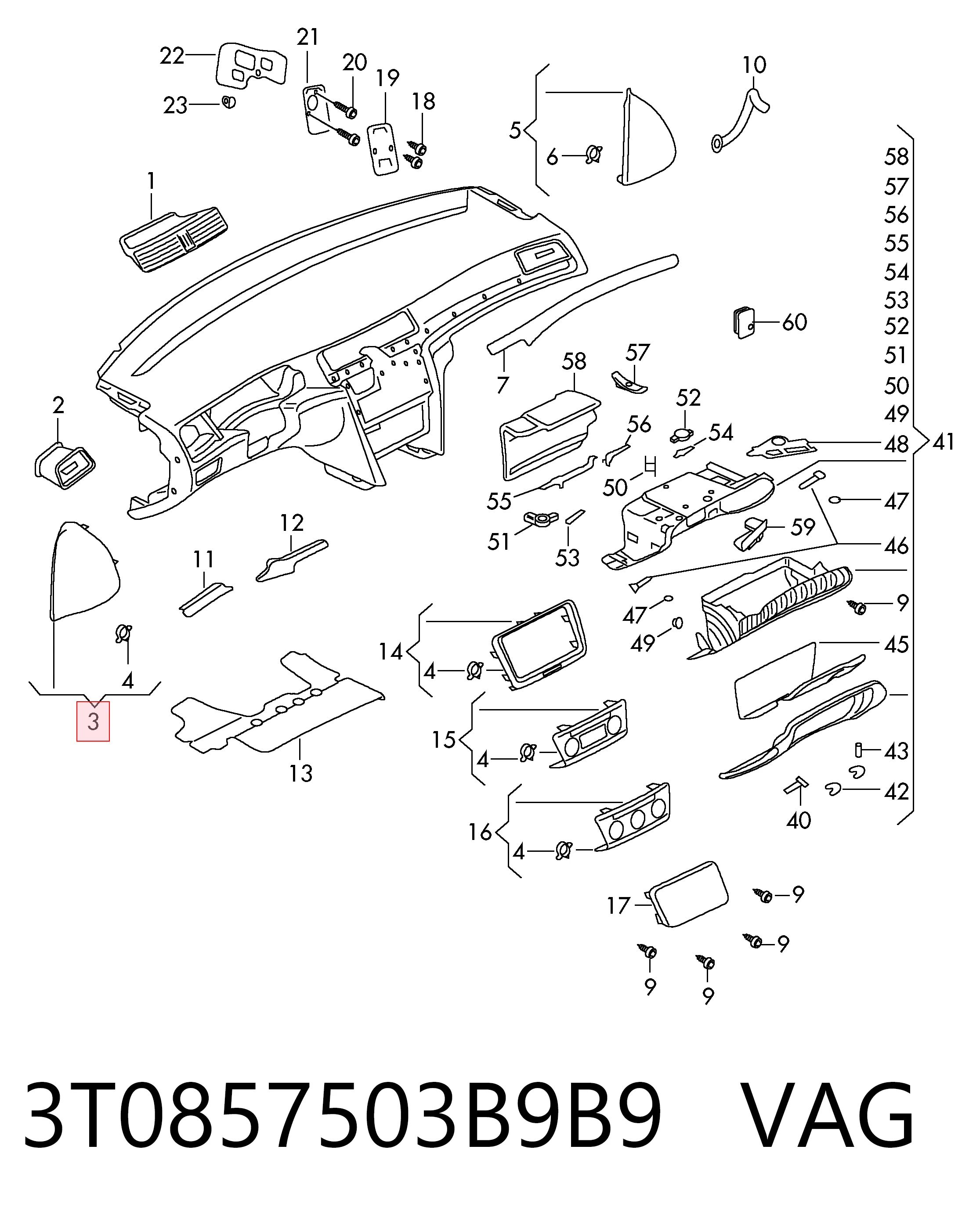 3T0857503B9B9 VAG Tampa lateral do painel do "torpedo", esquerda
