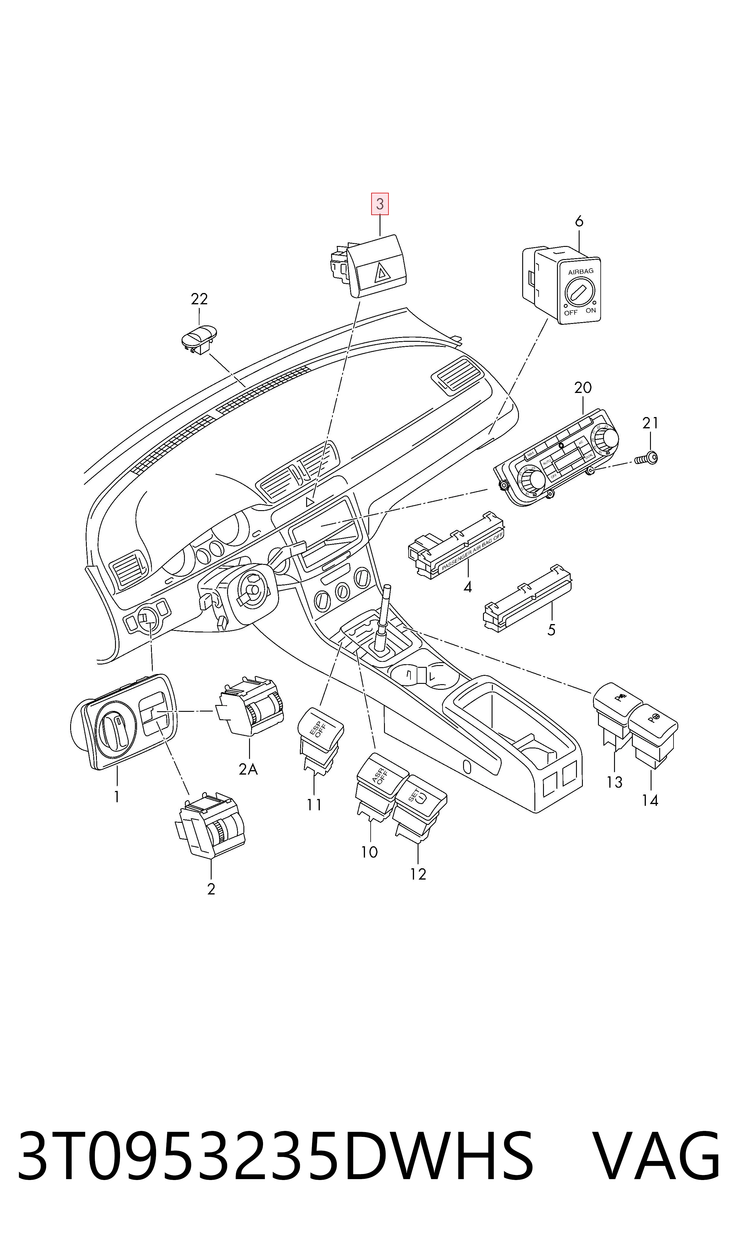 Botão de ativação do sinal de emergência para Skoda SuperB II 3T4