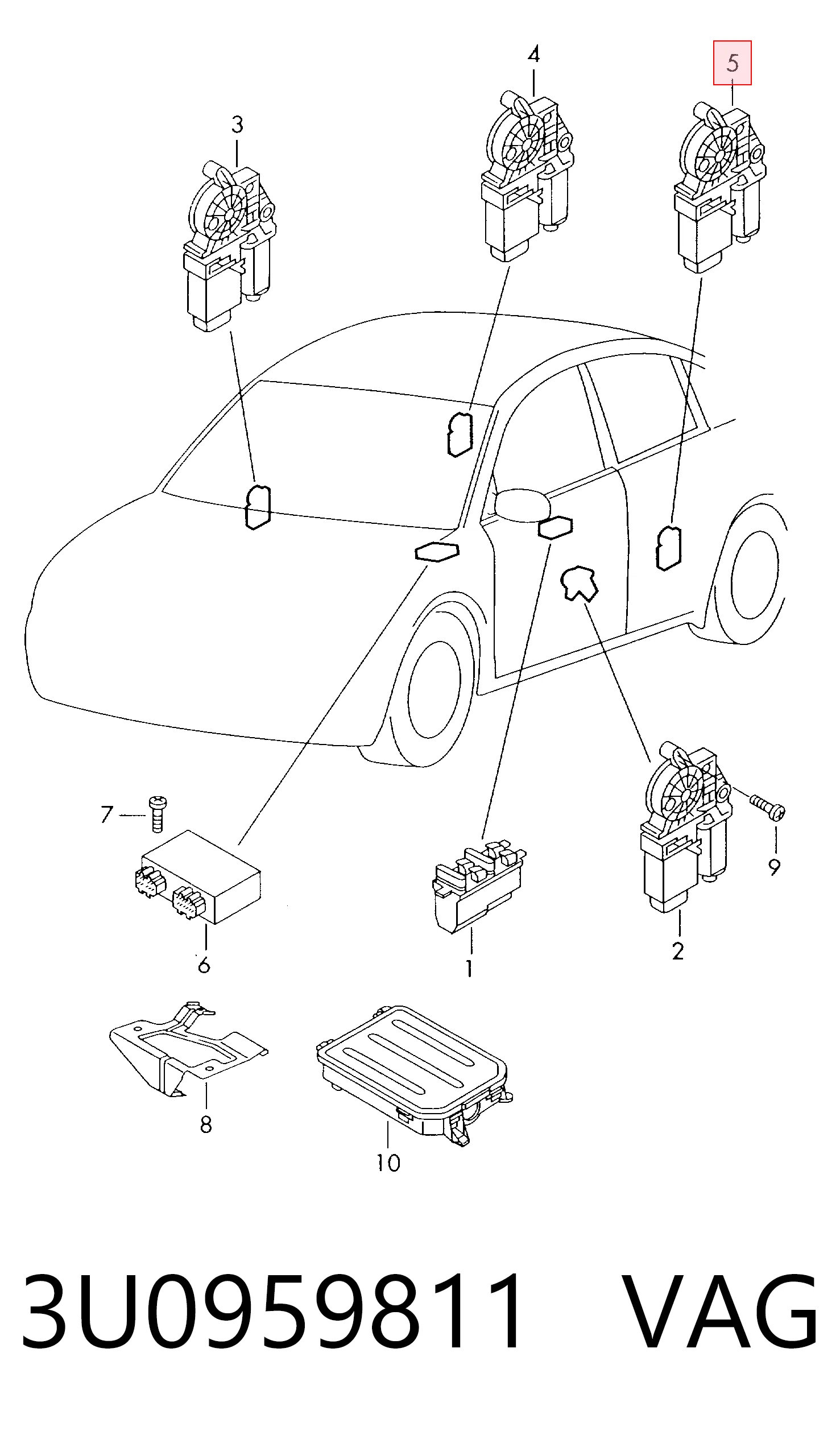 3U0959811 VAG Motor de acionamento de vidro da porta traseira esquerda