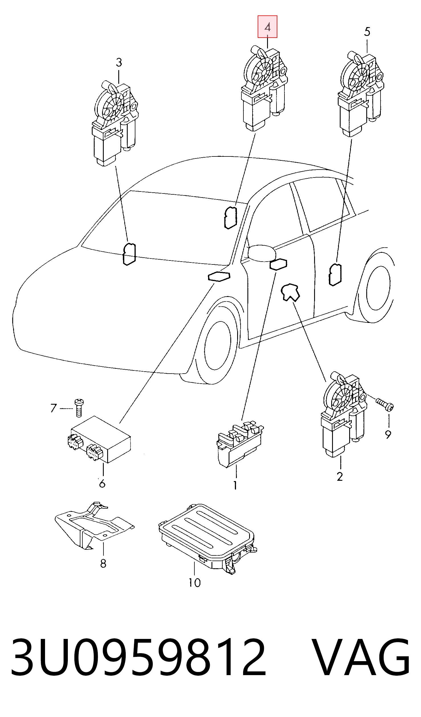 3U0959812 VAG Motor de acionamento de vidro da porta traseira direita
