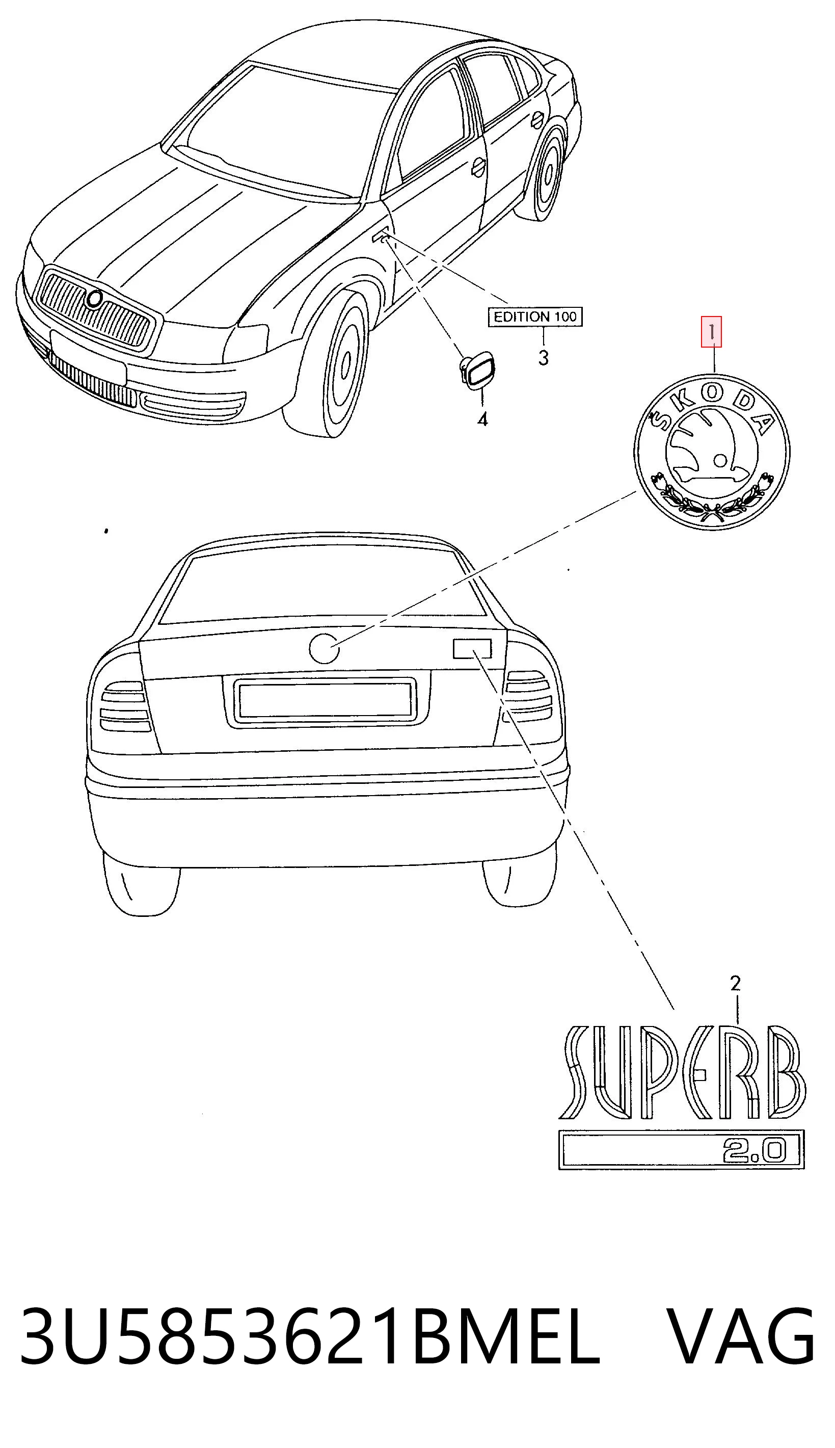 3U5853621BMEL VAG Emblema de tampa de porta-malas (emblema de firma)