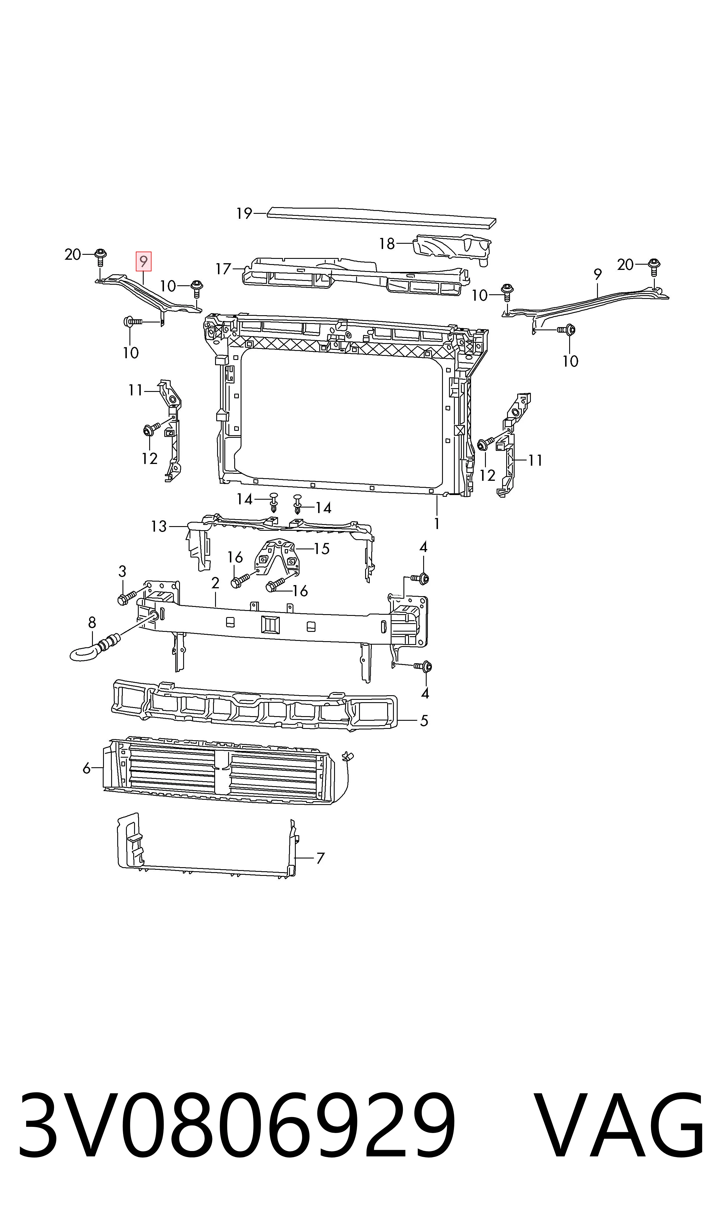 3V0806929 VAG Consola de suporte do radiador superior