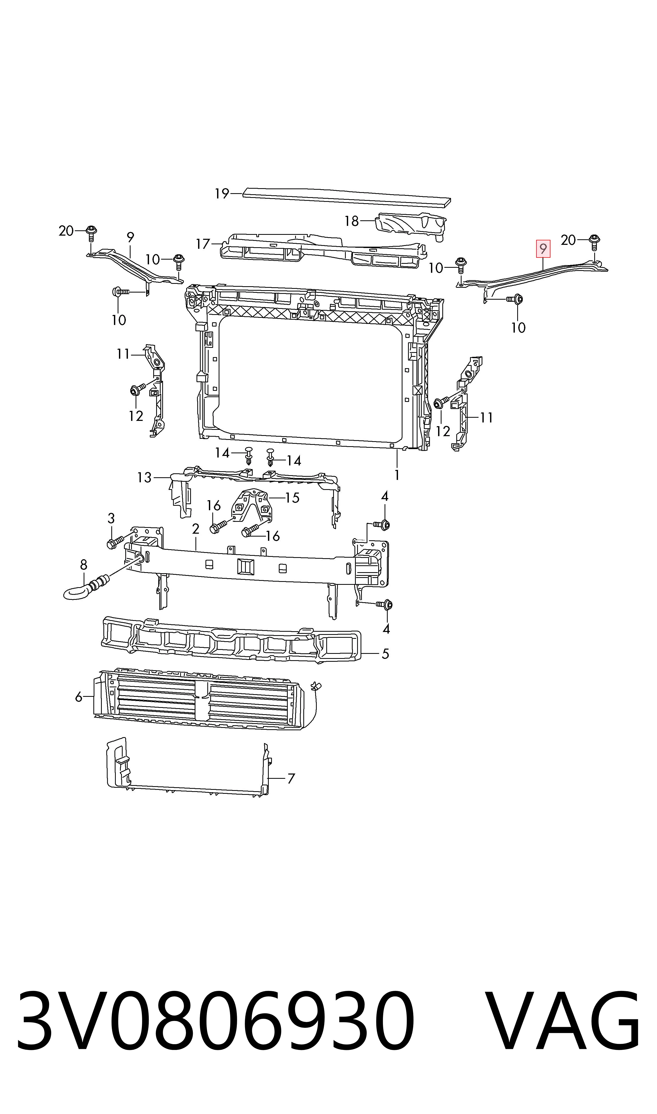 3V0806930 VAG Consola de suporte do radiador superior