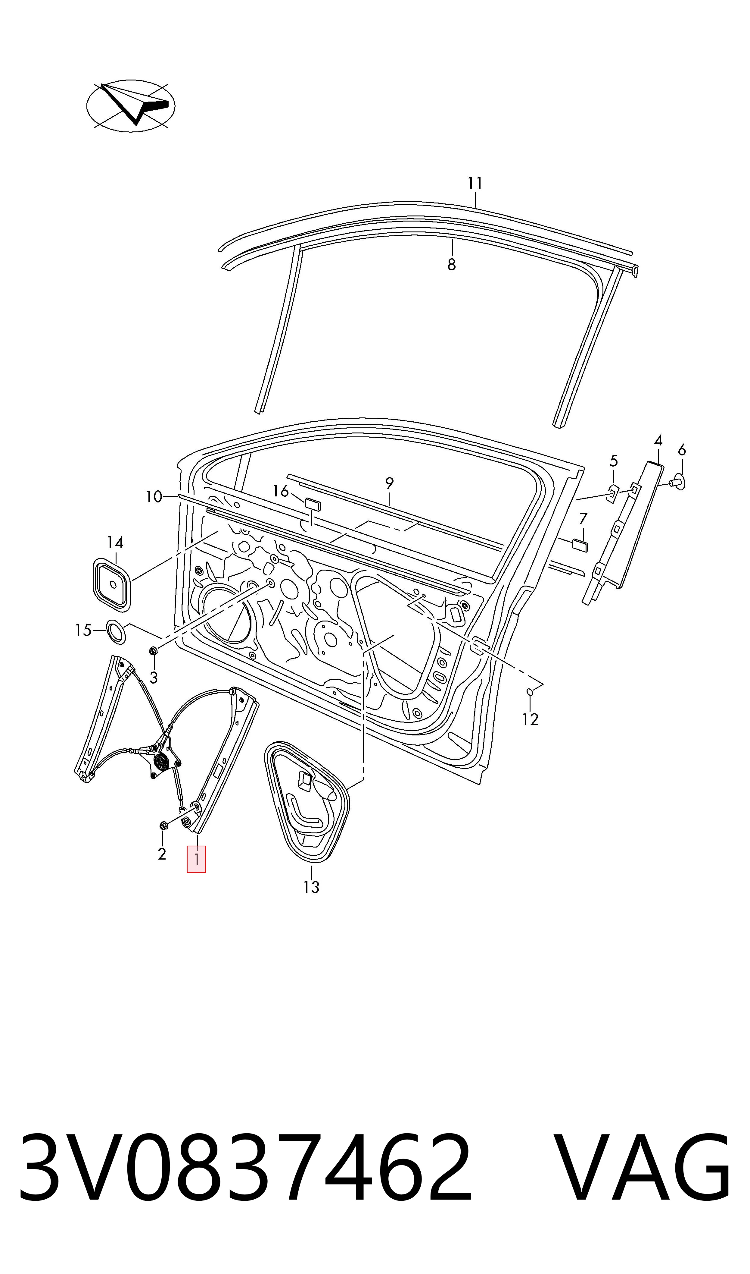 Mecanismo de acionamento de vidro da porta dianteira direita Skoda SuperB III 3V3