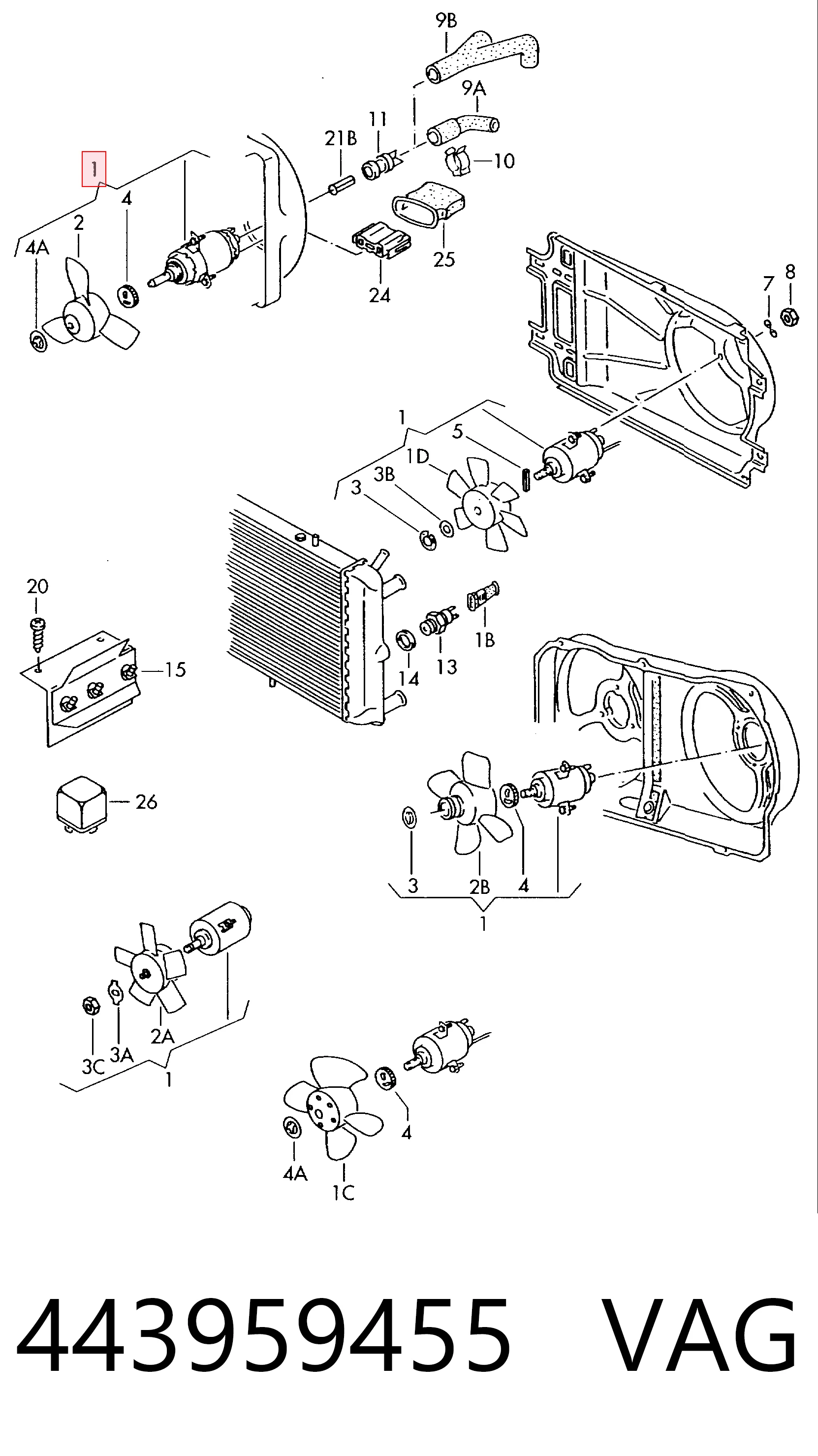 Ventilador elétrico de esfriamento montado (motor + roda de aletas) Volkswagen Transporter T3 25, 253, 255