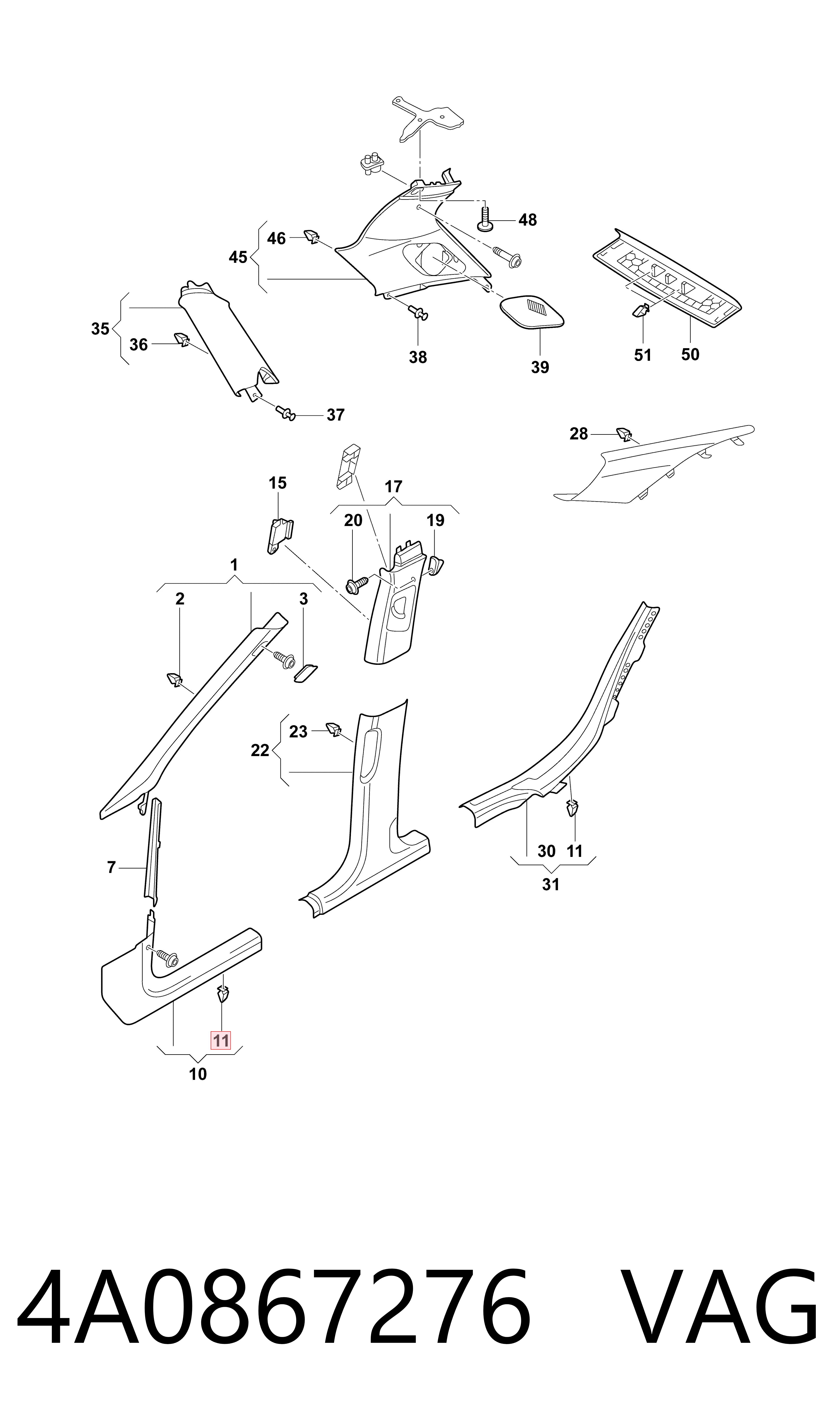4A0867276 VAG Cápsula (prendedor) de fixação de revestimento de tampa de porta-malas