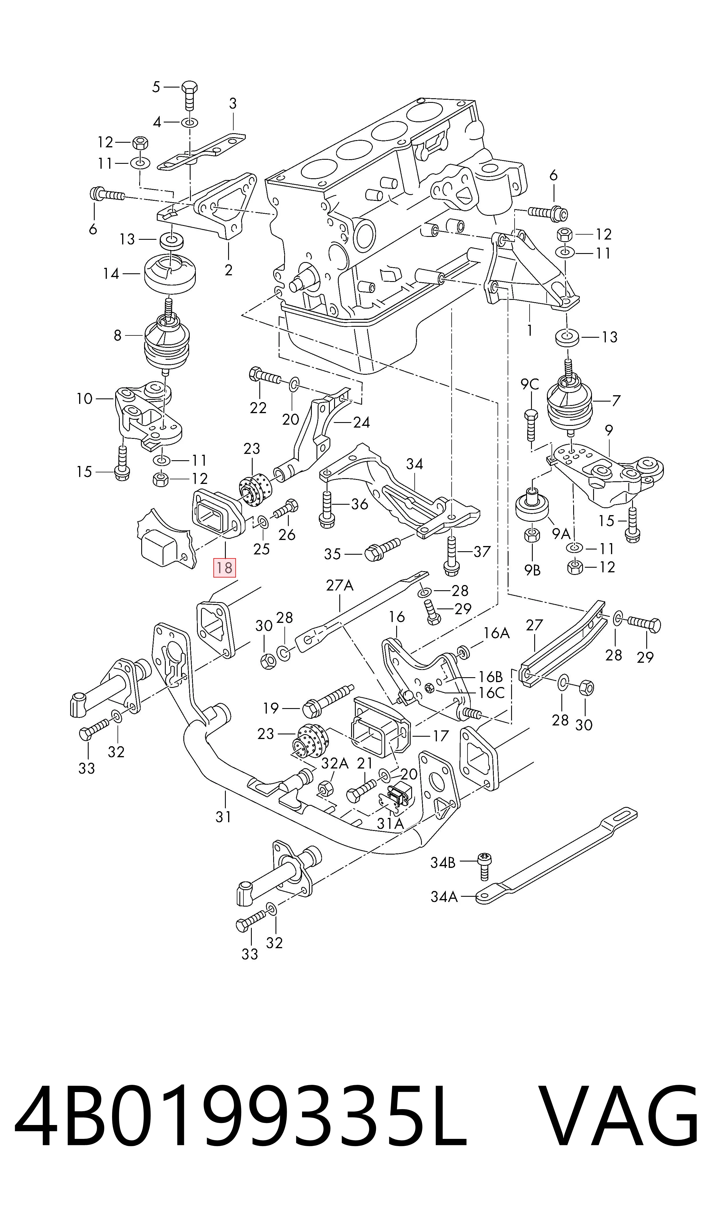 4B0199335L VAG Coxim (suporte) dianteiro de motor