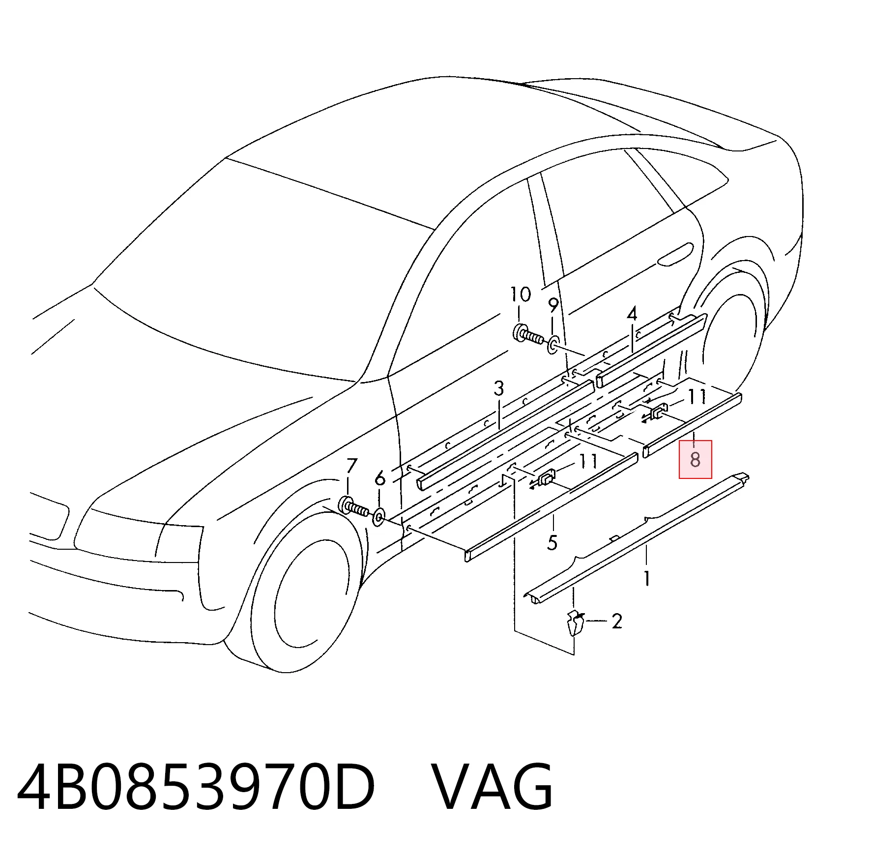 4B0853970D VAG Moldura da porta traseira direita inferior