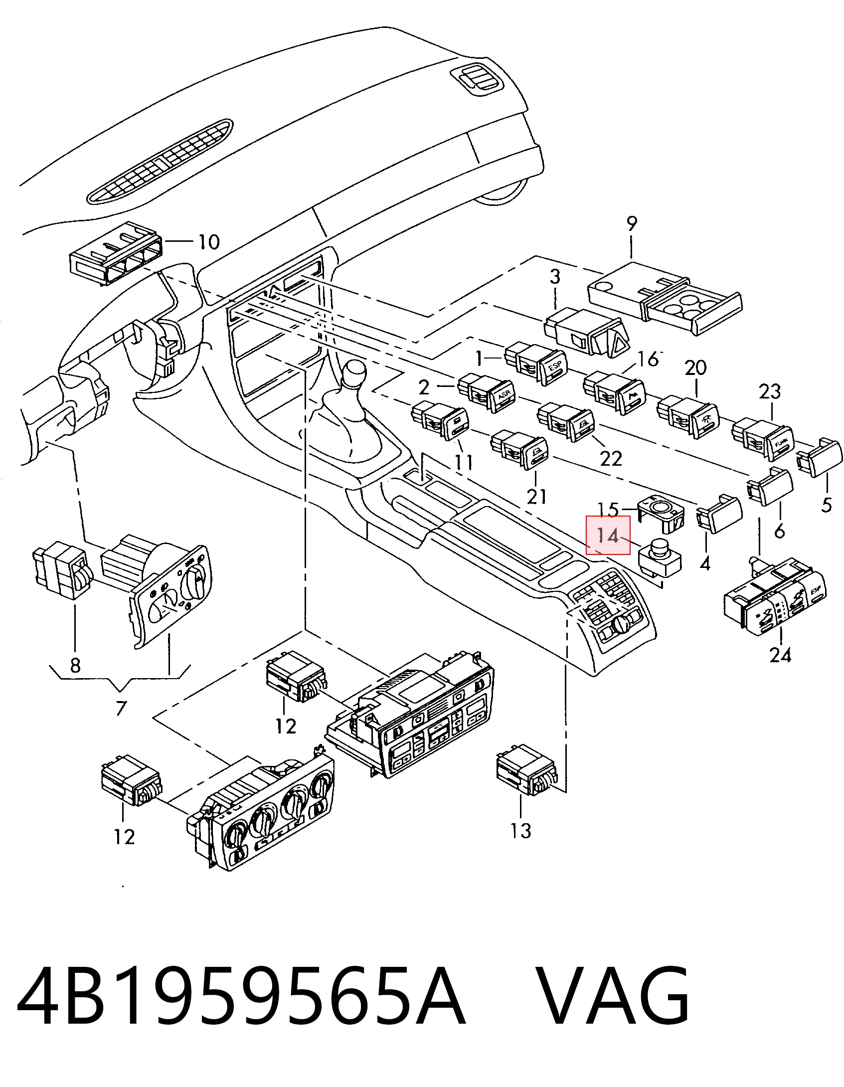 4B1959565A VAG Unidade de controlo dos espelhos de retrovisão, na consola central