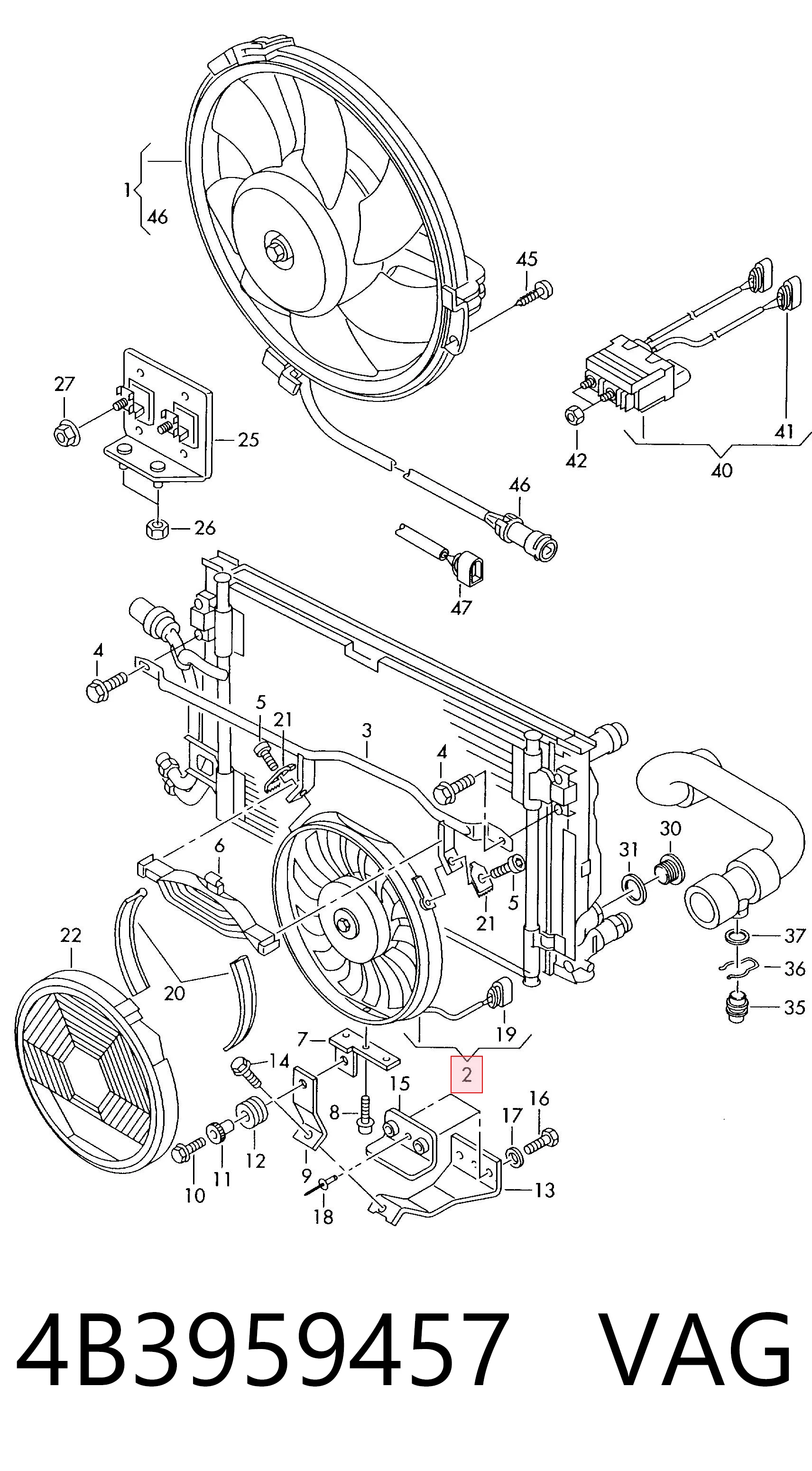 4B3959457 VAG Ventilador elétrico de aparelho de ar condicionado montado (motor + roda de aletas)