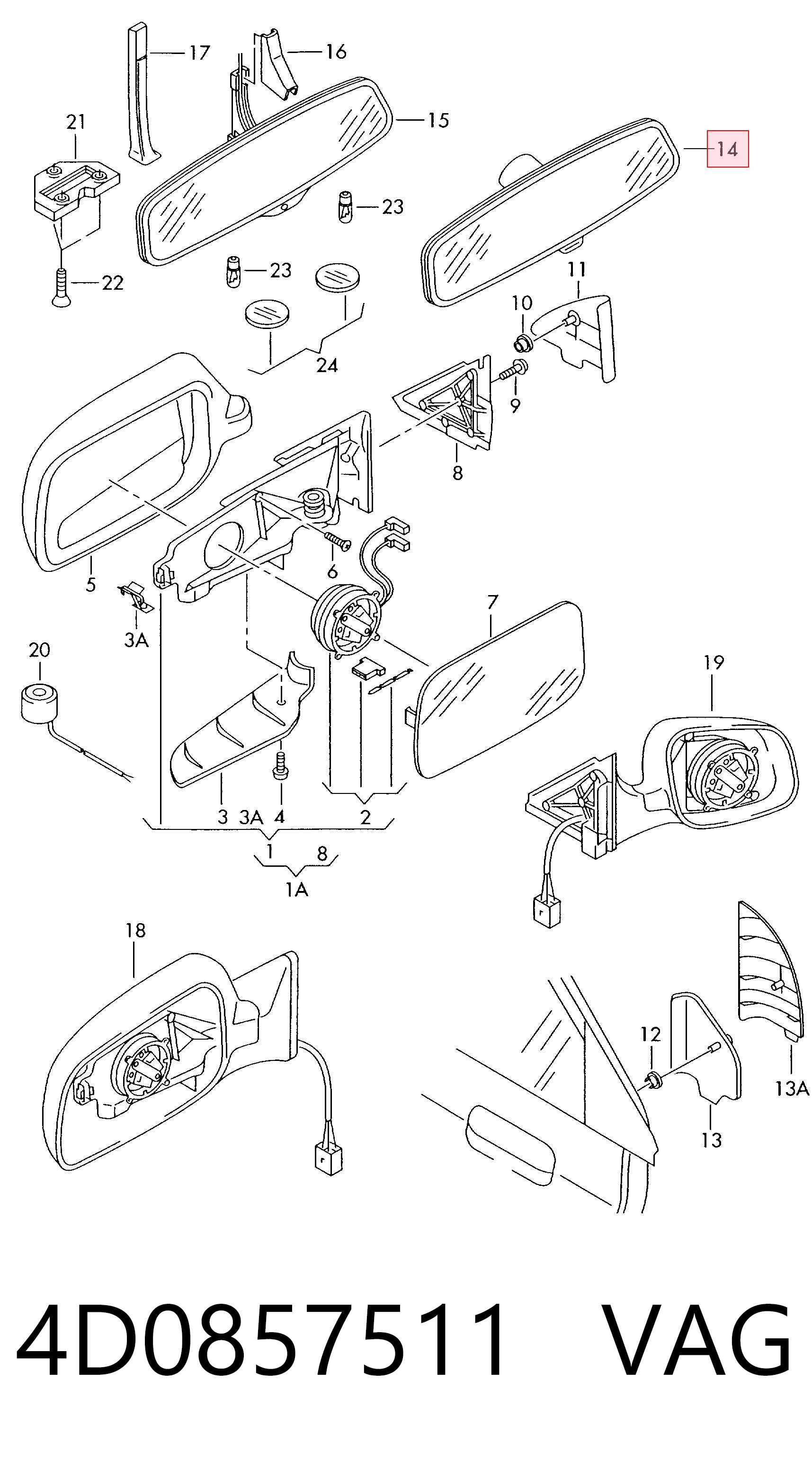 Espelho de salão interno para Audi 80 B4 8C2