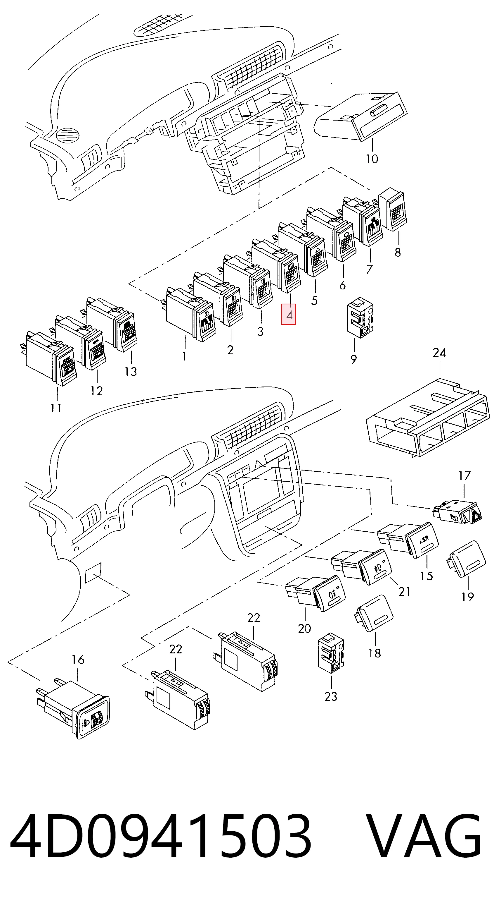 4D0941503 VAG Botão de ativação de aquecimento de vidro traseiro