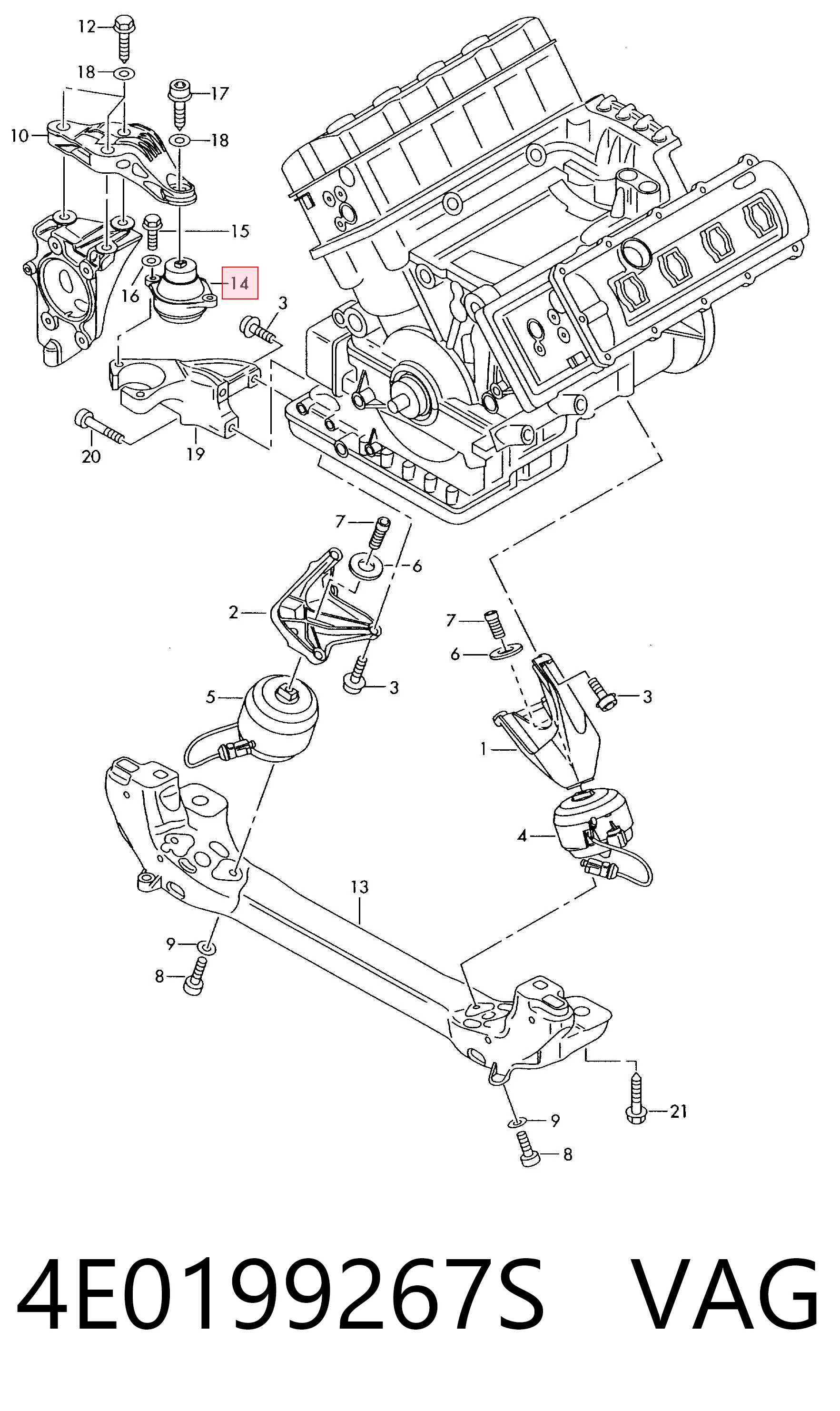 4E0199267S VAG Coxim (suporte) direito superior de motor