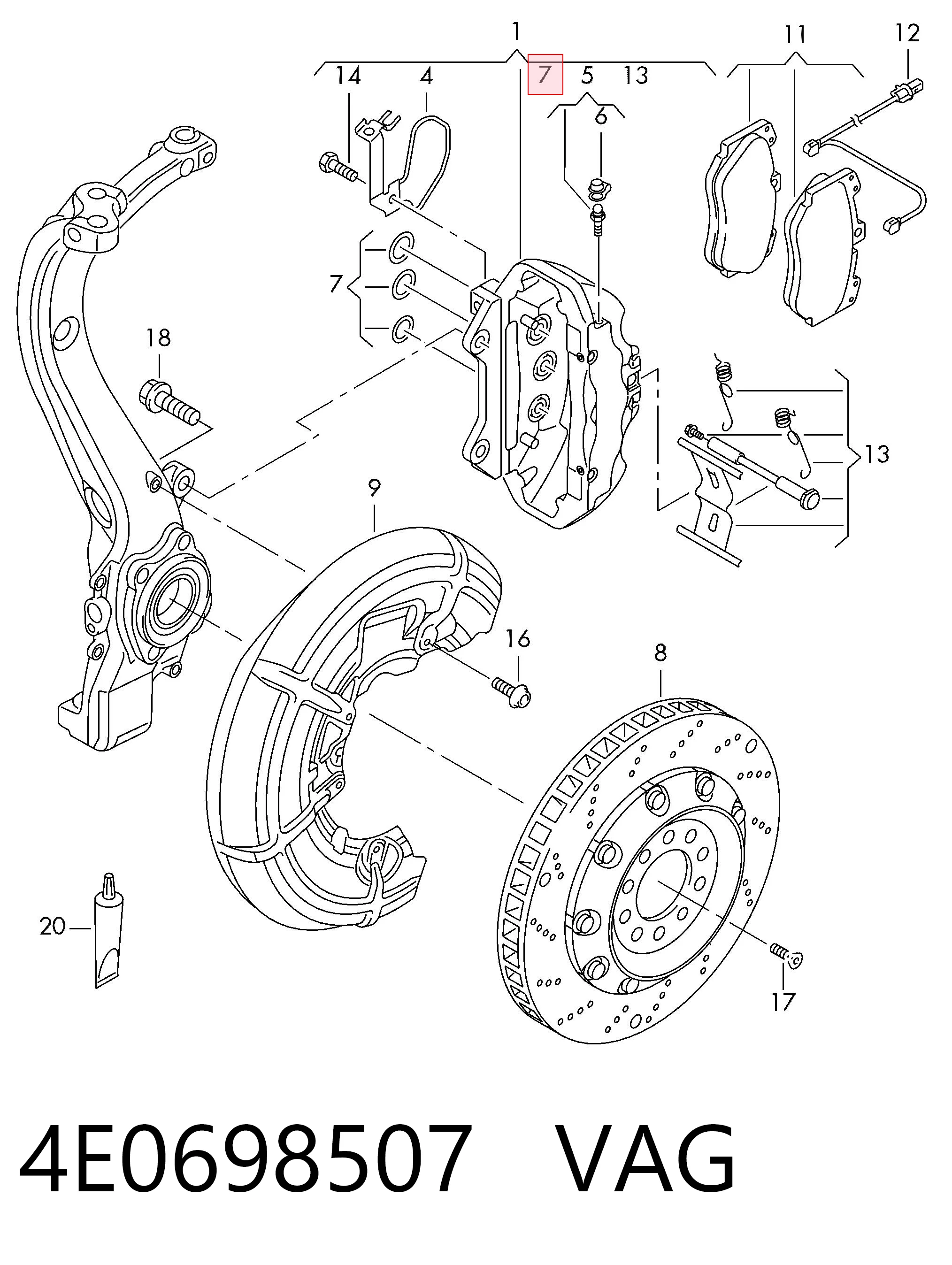 4E0698507 VAG Kit de reparação de suporte do freio dianteiro