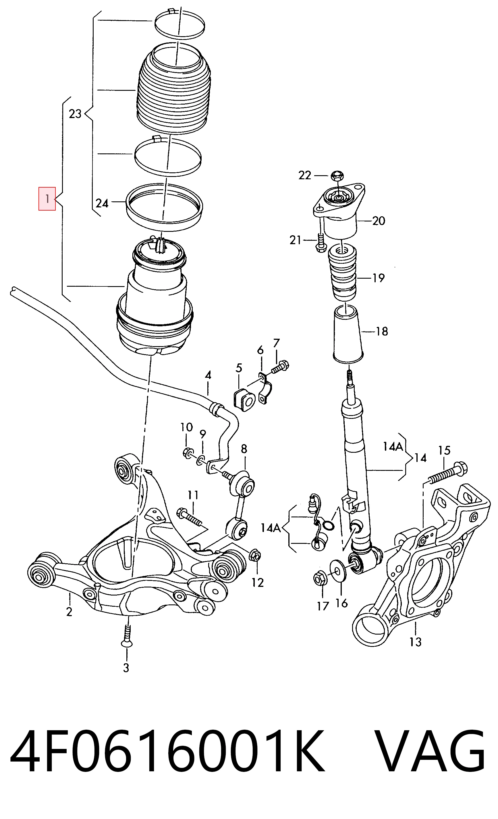 4F0616001K VAG Coxim pneumático (suspensão de lâminas pneumática) do eixo traseiro